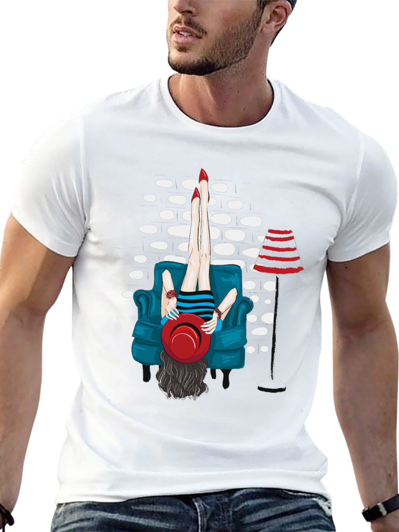 Black Whimsical Woman on Couch Graphic Tee - Novelty T-Shirt view 13