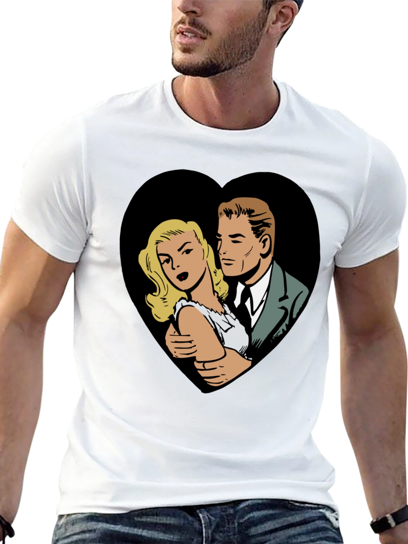 Black Retro Comic Couple Heart Graphic T-Shirt - Black view 13