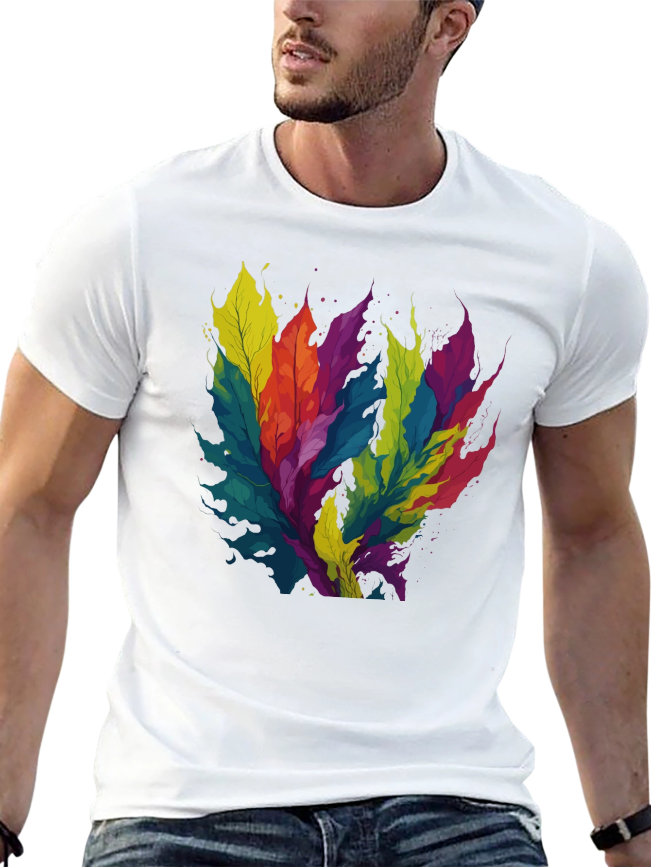 Black Colorful Leaf Design Black T-Shirt view 13