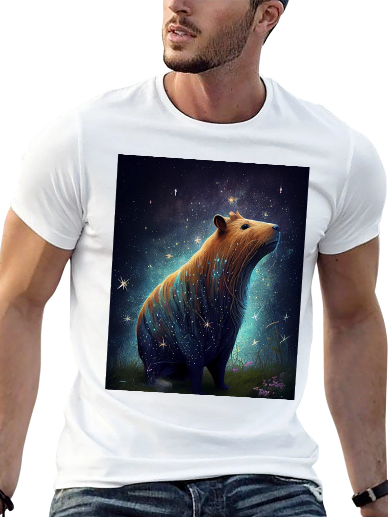 Black Starry Capybara Graphic Tee - Unisex Black T-Shirt view 13