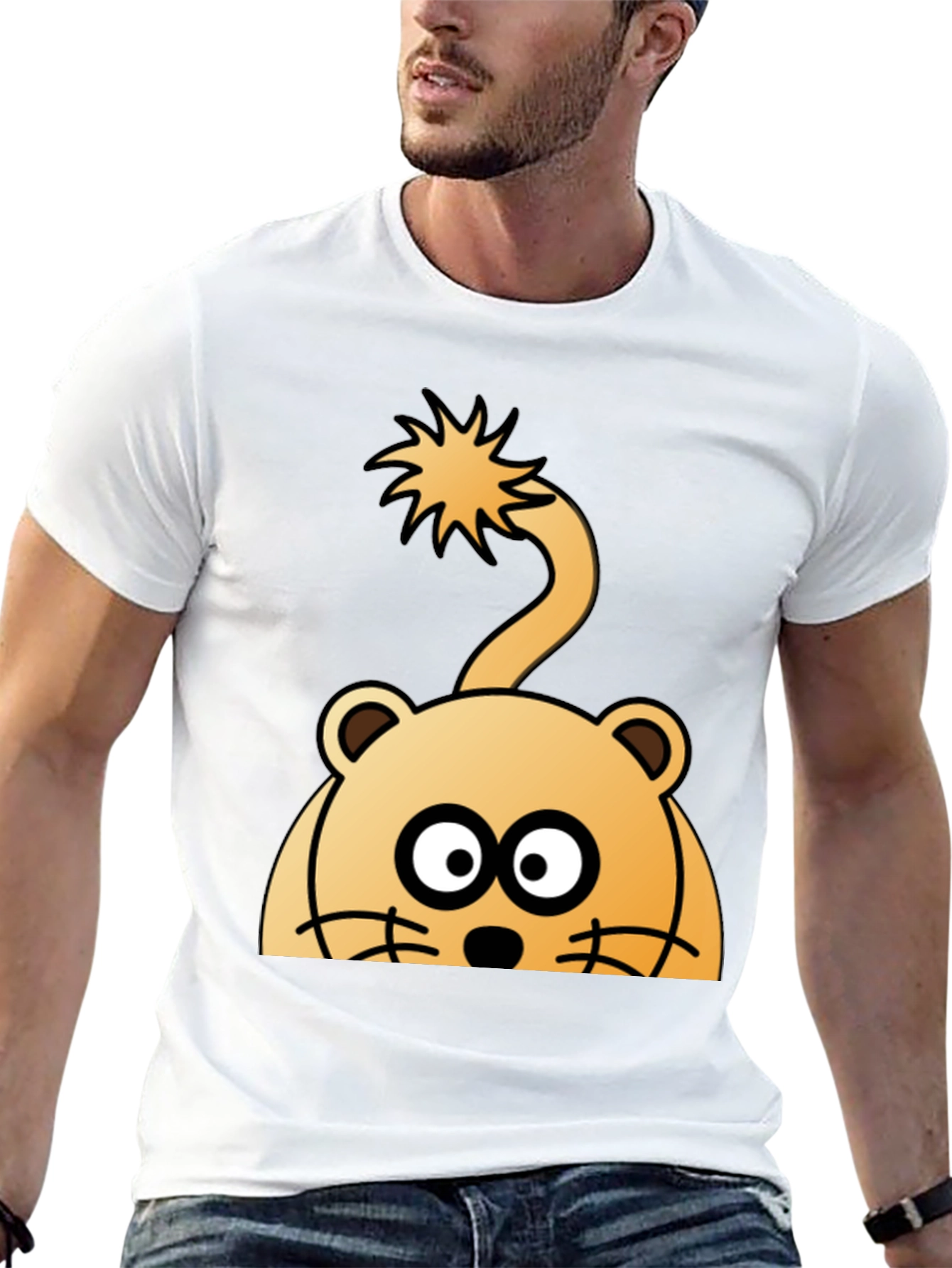 Cartoon Lion Peek-a-boo Black T-Shirt - 13