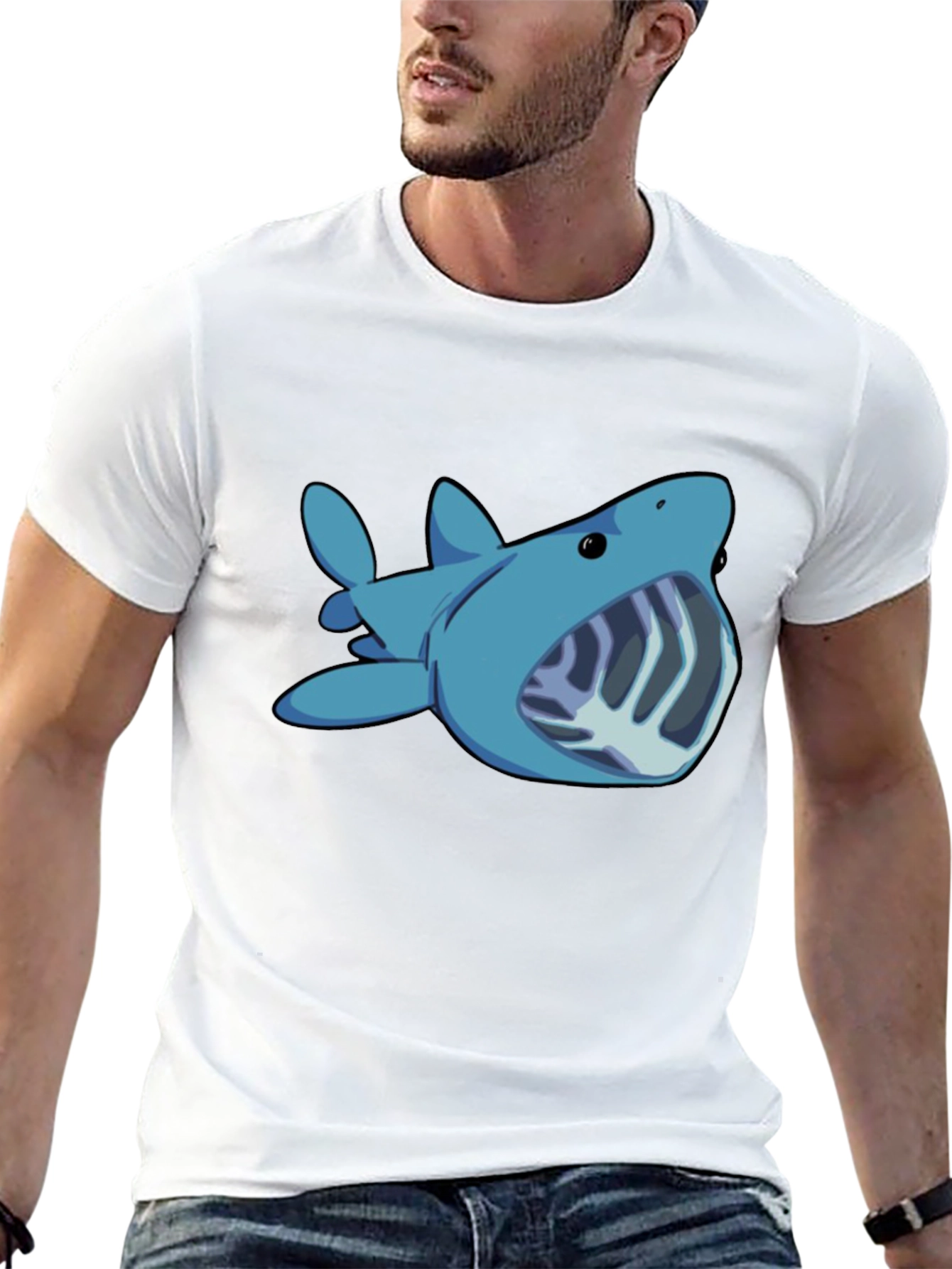 Black Cartoon Shark Graphic Tee - Black Unisex T-Shirt view 13