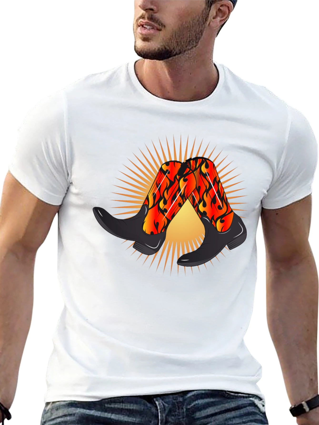 Black Fiery Cowboy Boots Graphic Black T-Shirt view 13