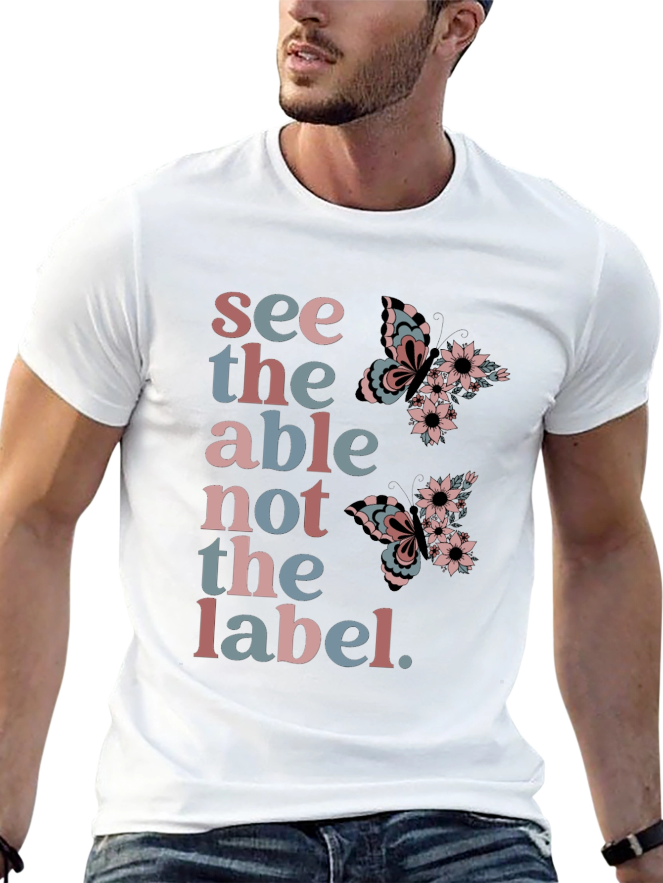 Black See the Able T-Shirt: Butterfly Floral Design view 13