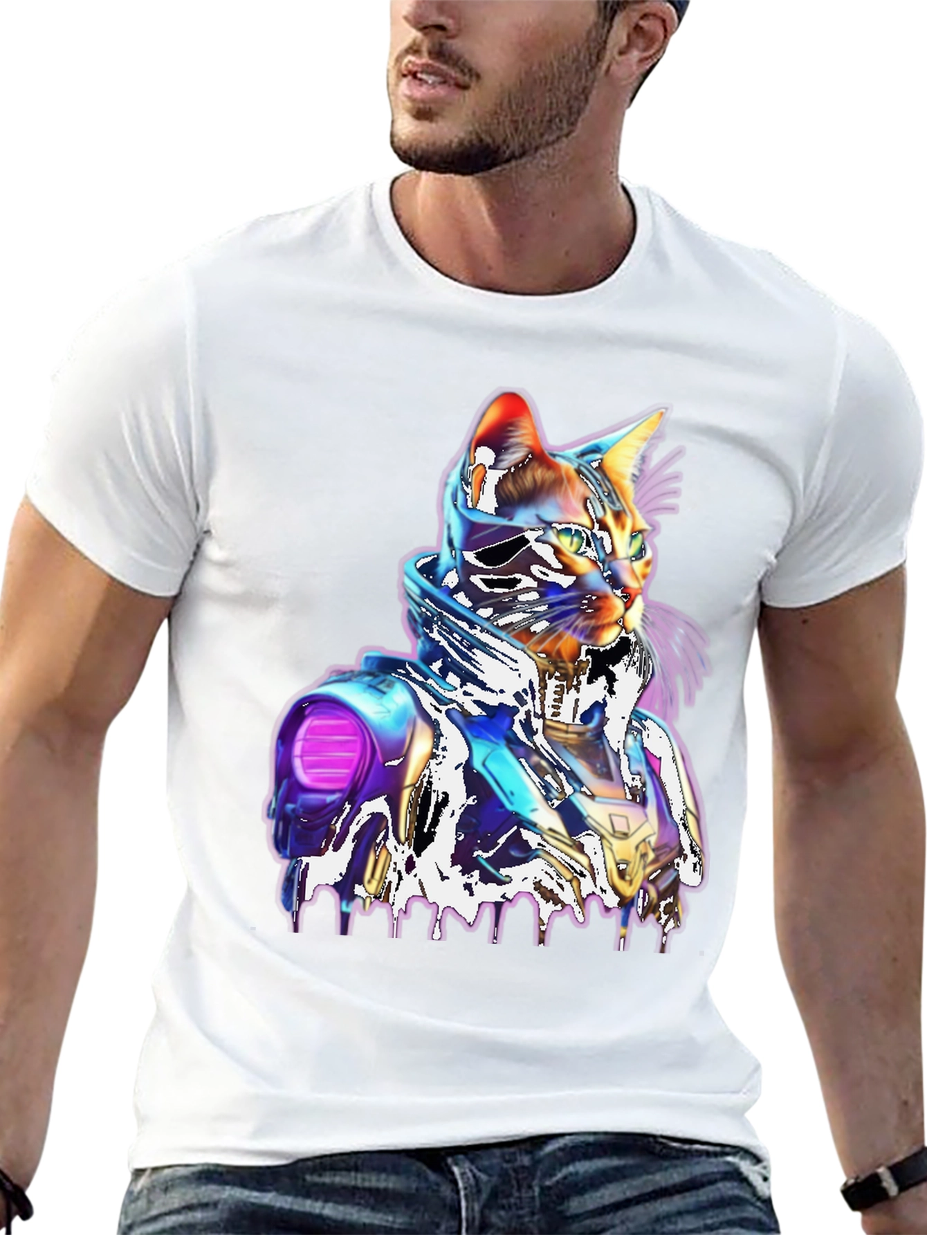Black Cyberpunk Cat T-Shirt - Unique Futuristic Style view 13
