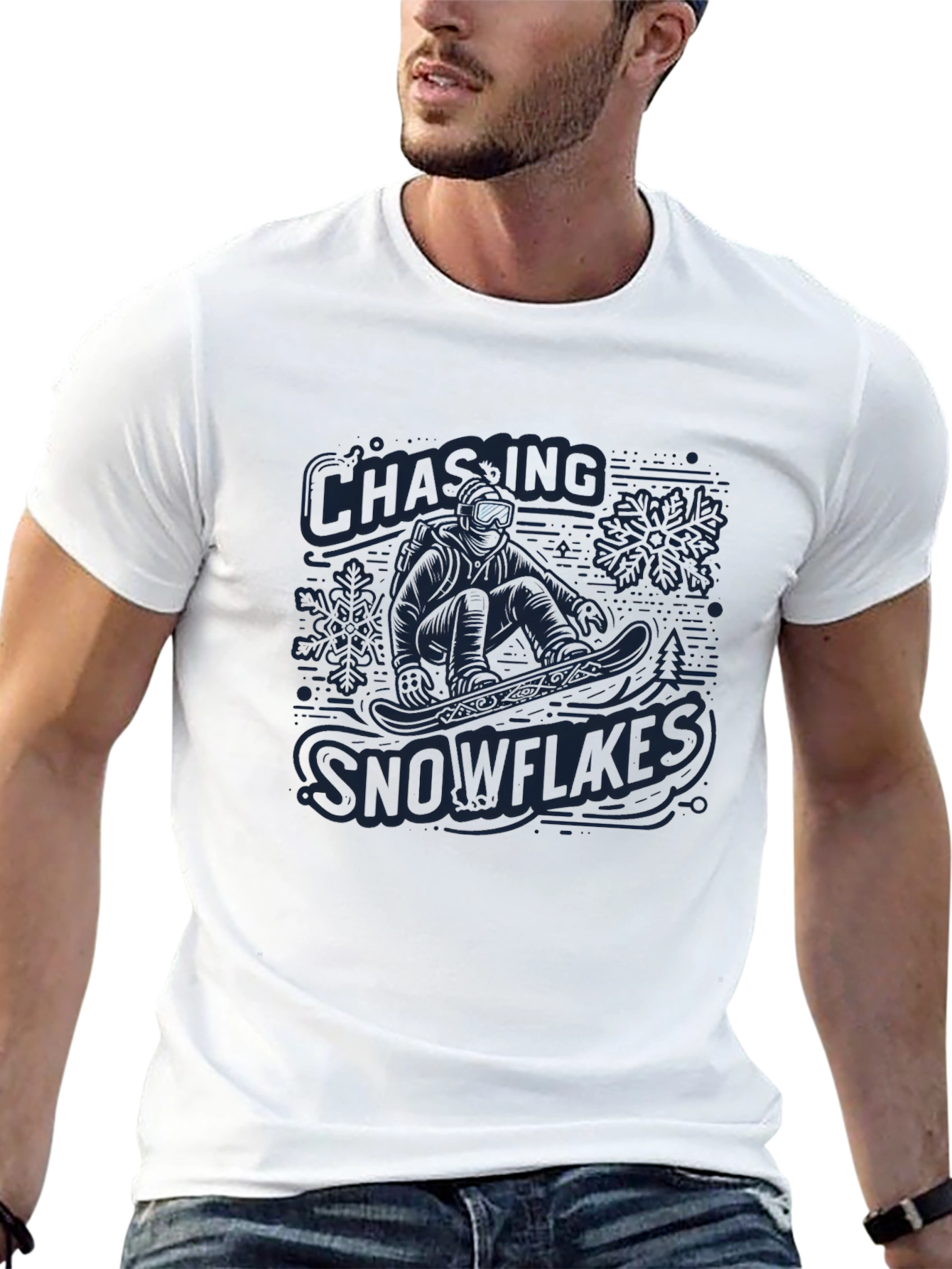 Black Snowflakes Chasing Graphic T-Shirt - Men's Black Crew Neck view 13