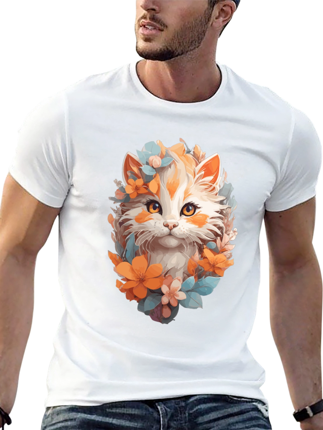 Black Floral Cat Graphic Black T-Shirt view 13