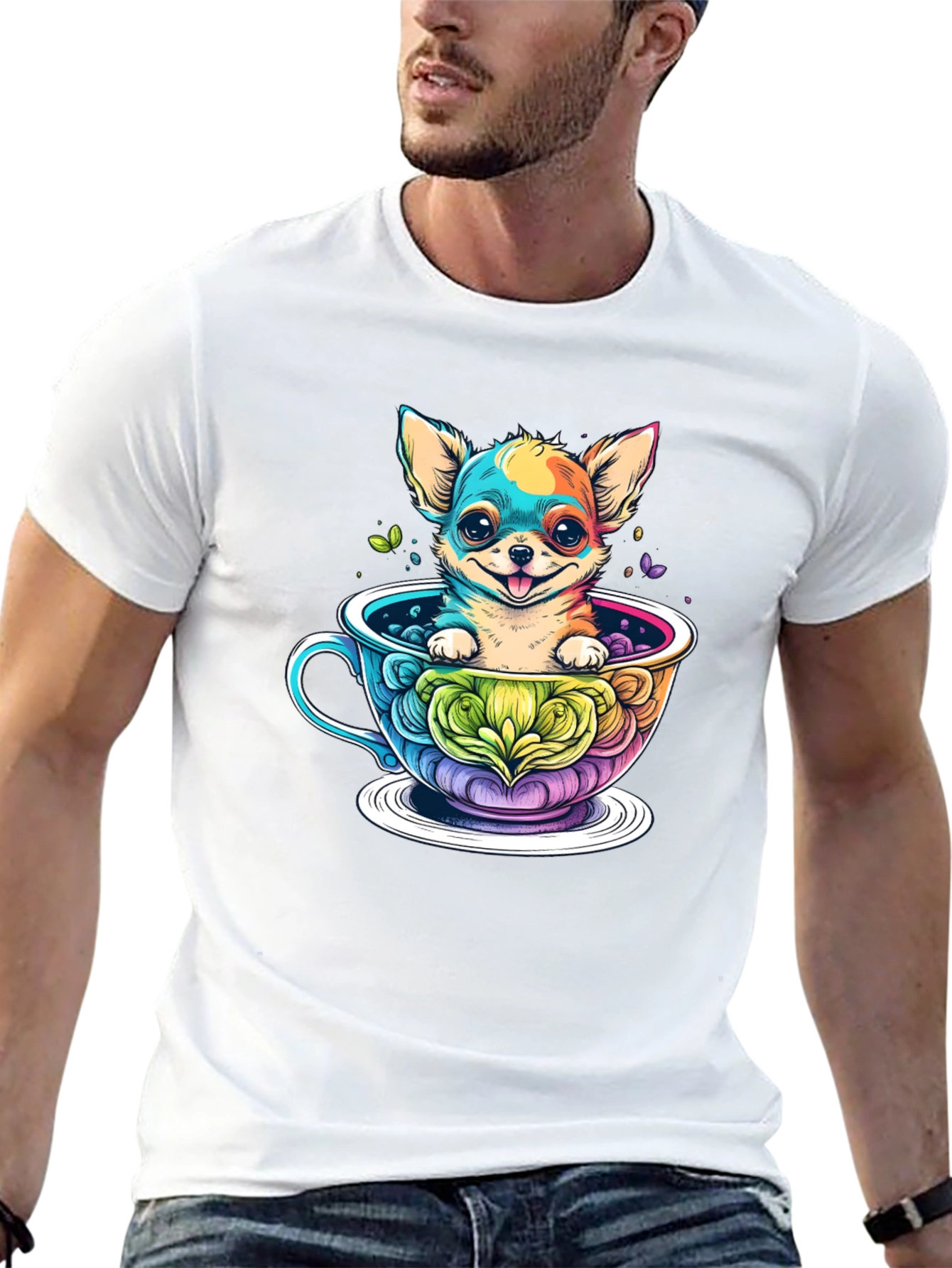 Black Chihuahua in Teacup Graphic Black T-Shirt view 13