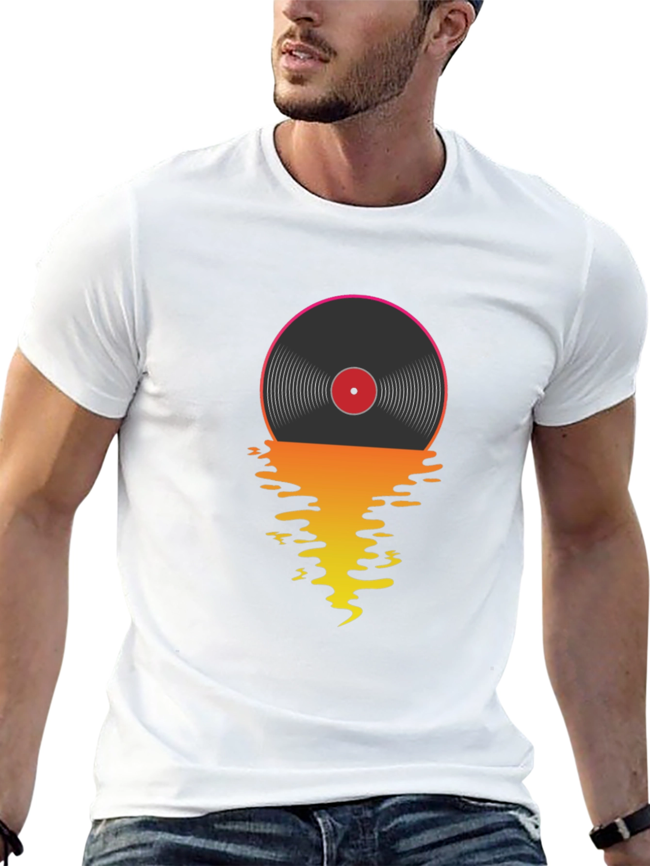 Black Retro Vinyl Record Sunset Graphic T-Shirt view 13