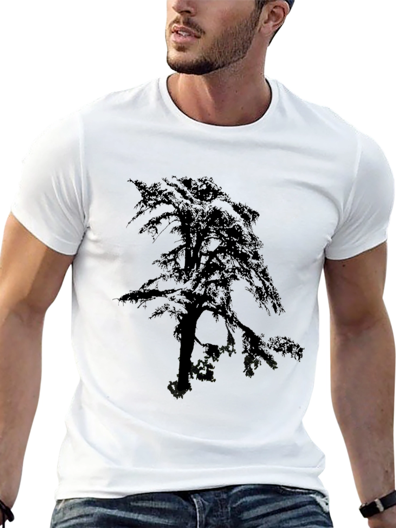 Black Silhouette Tree Graphic Tee - Men's Black Cotton T-Shirt view 13