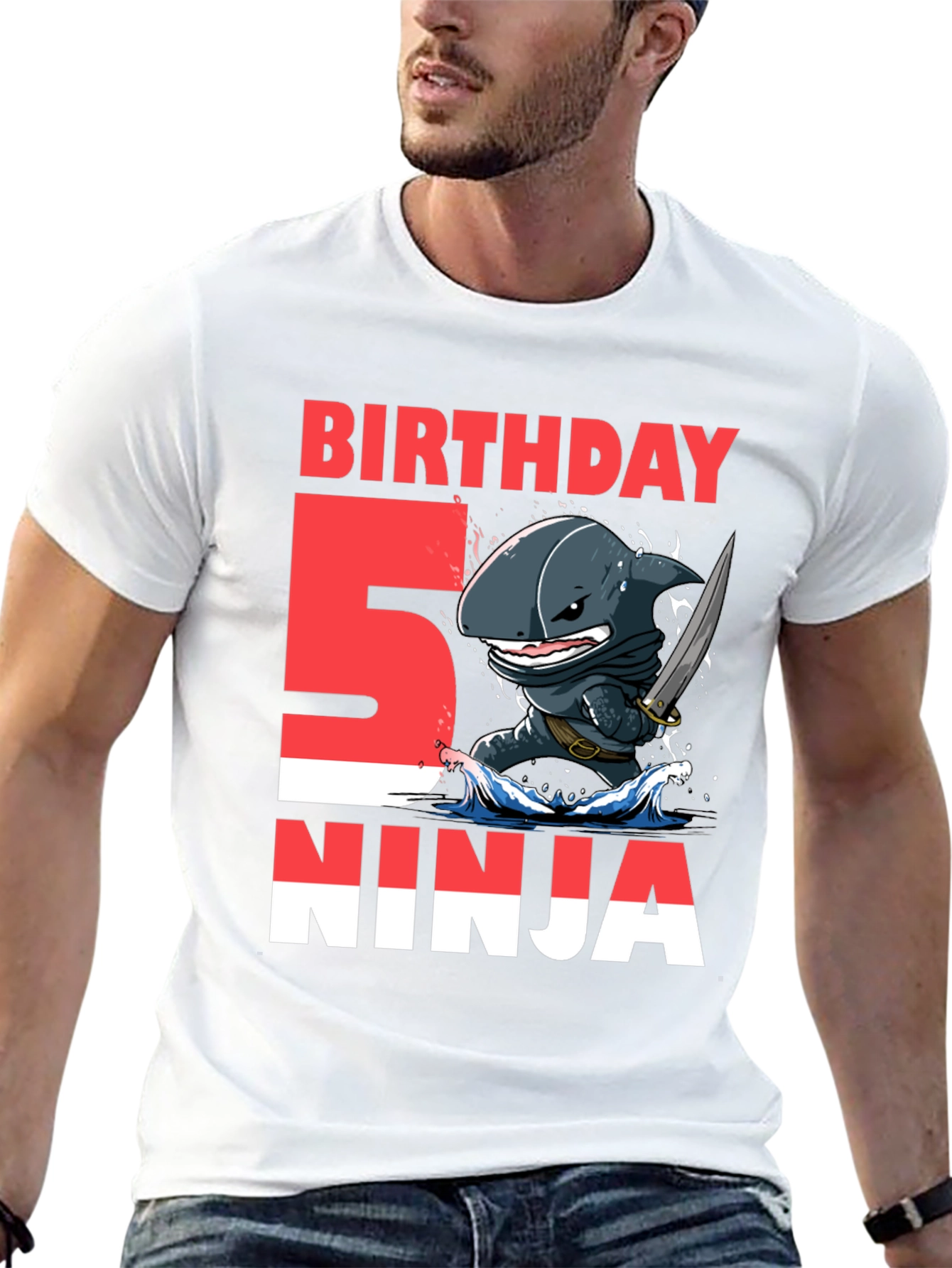 Black 5th Birthday Ninja Shark T-Shirt view 13