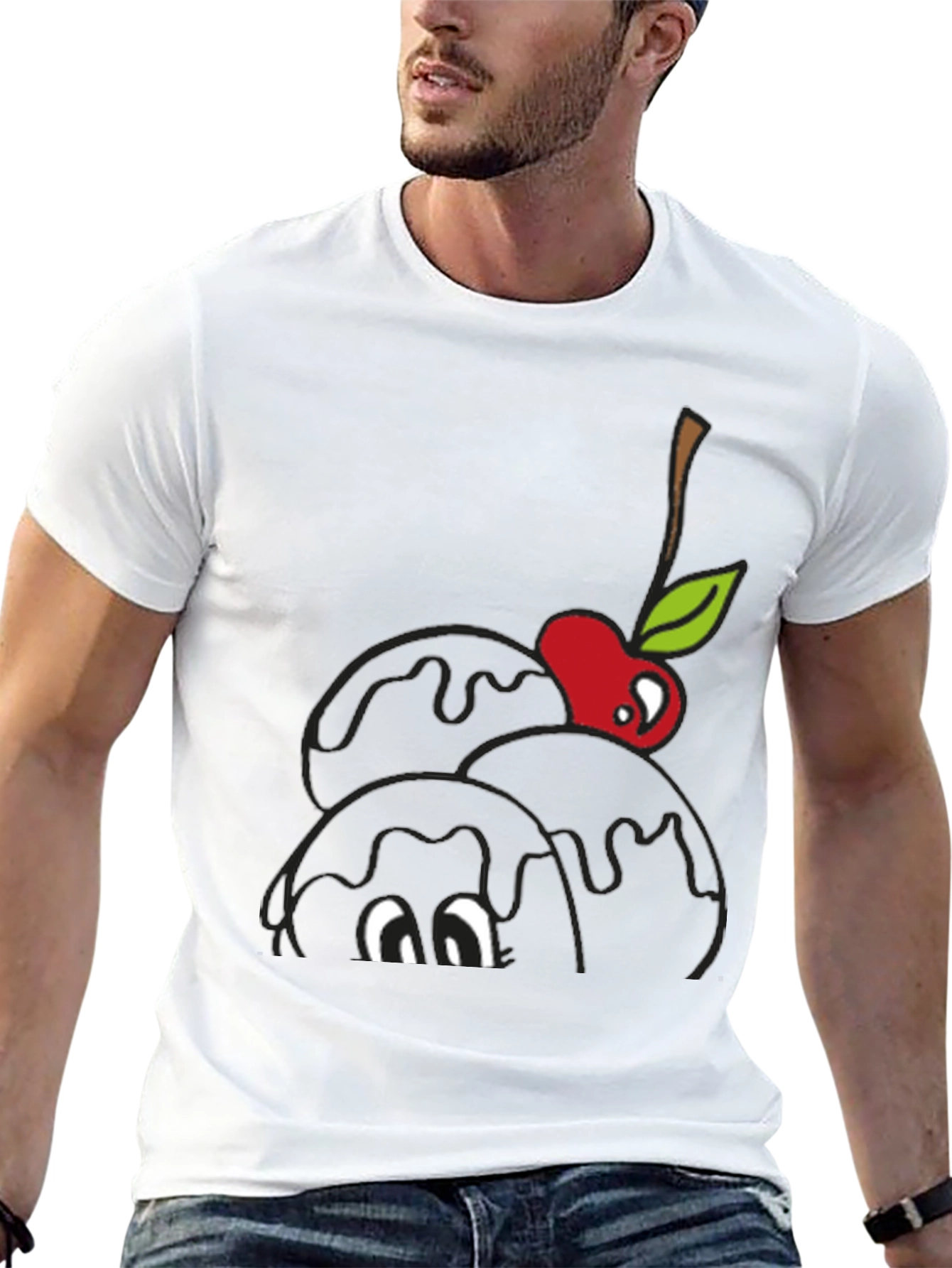 Black Black T-Shirt with Cartoon Cherry Ice Cream Design view 13