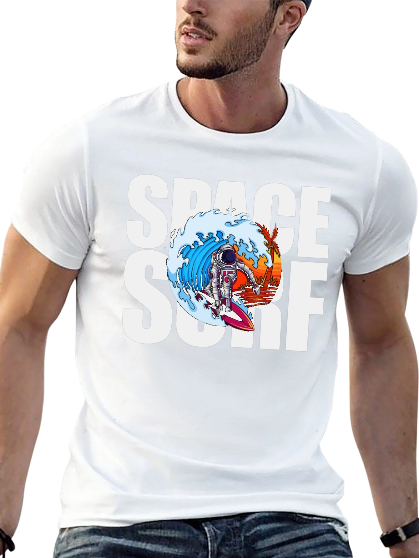 Black Space Surf Graphic Tee - Astronaut Surfing T-Shirt view 13