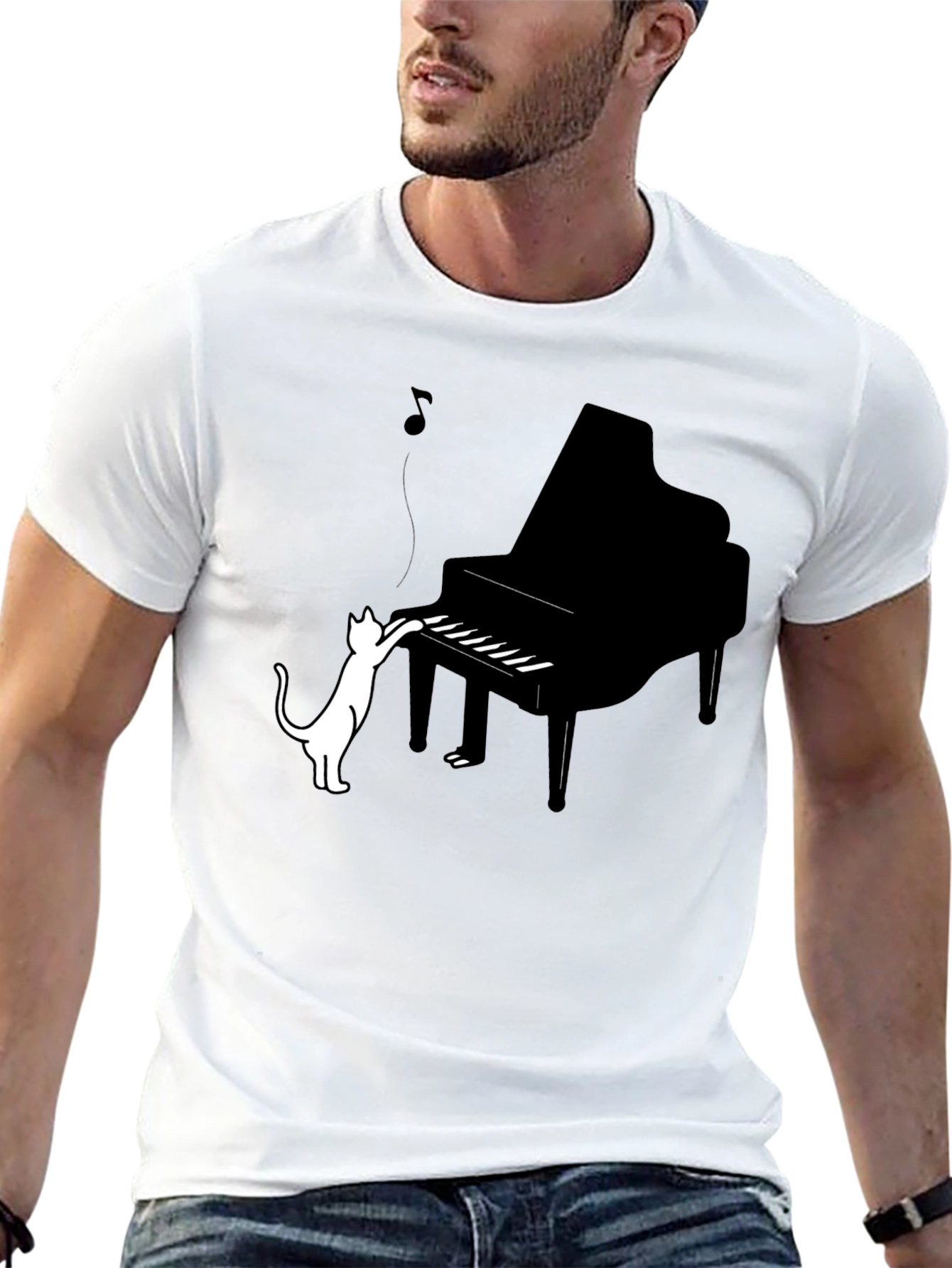 Black Cat Playing Piano Graphic Tee - Black Cotton Blend view 13