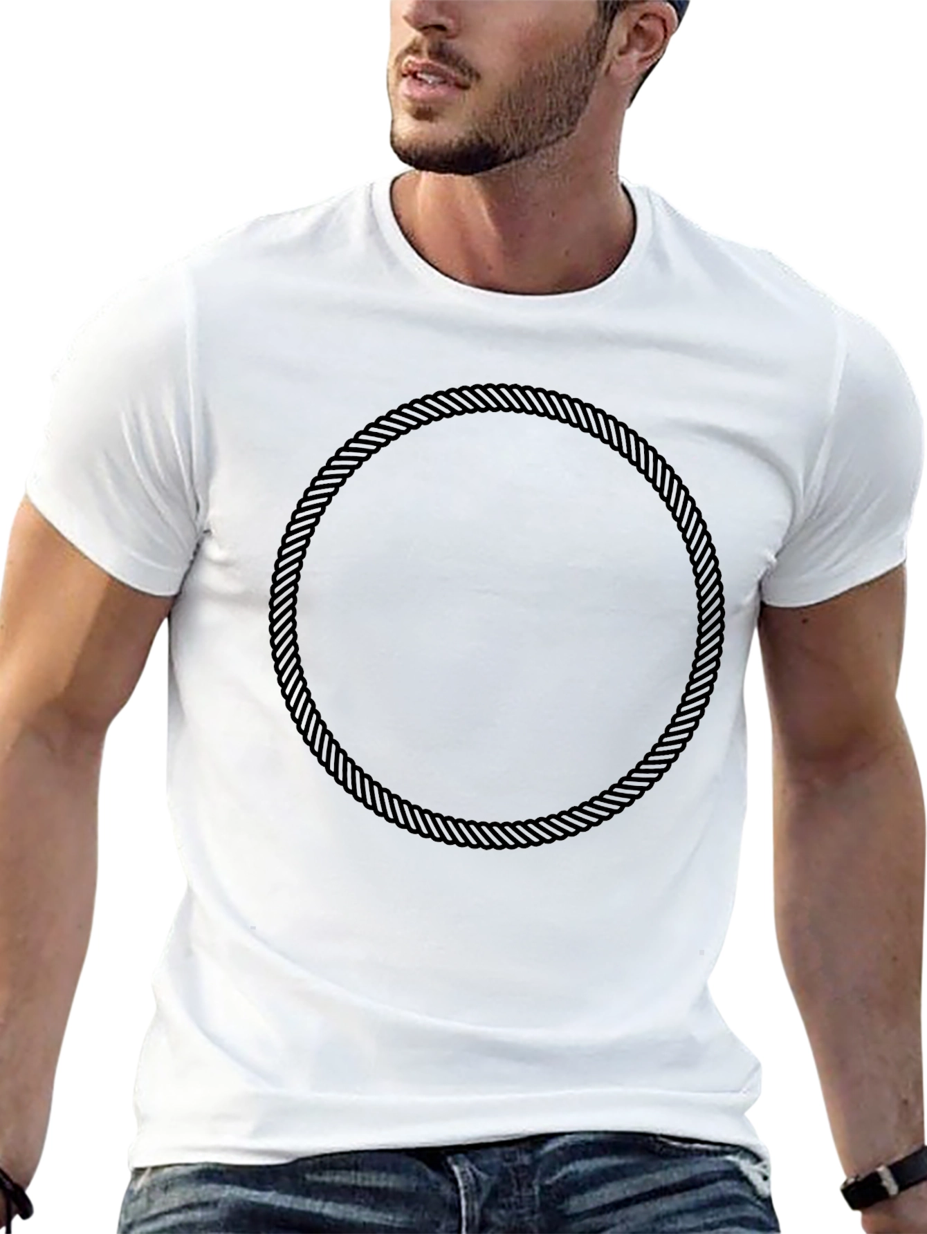 Black Men's Black T-Shirt with Rope Circle Design view 13