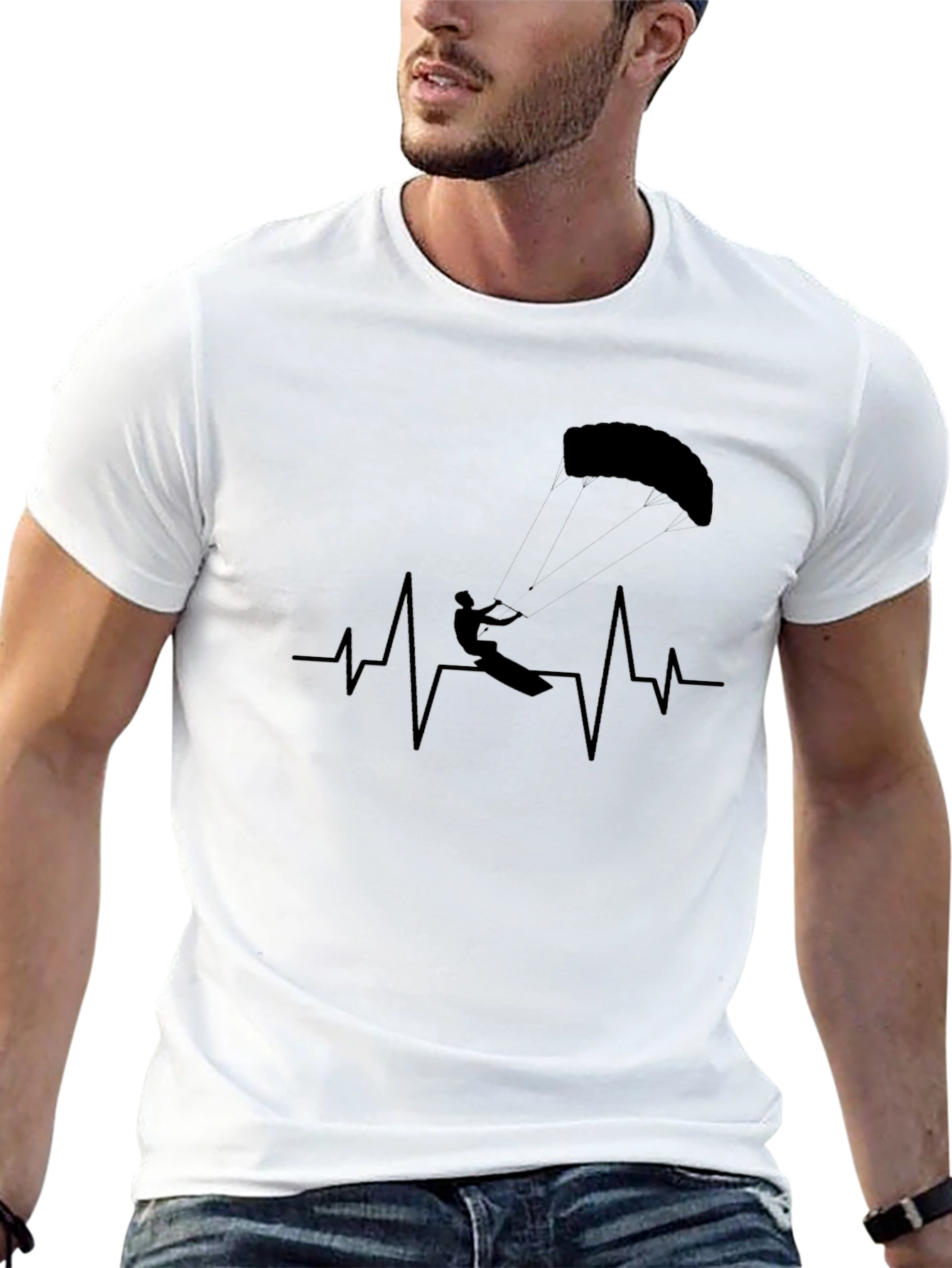 Black Kiteboarding Heartbeat T-Shirt - Black Graphic Tee view 13