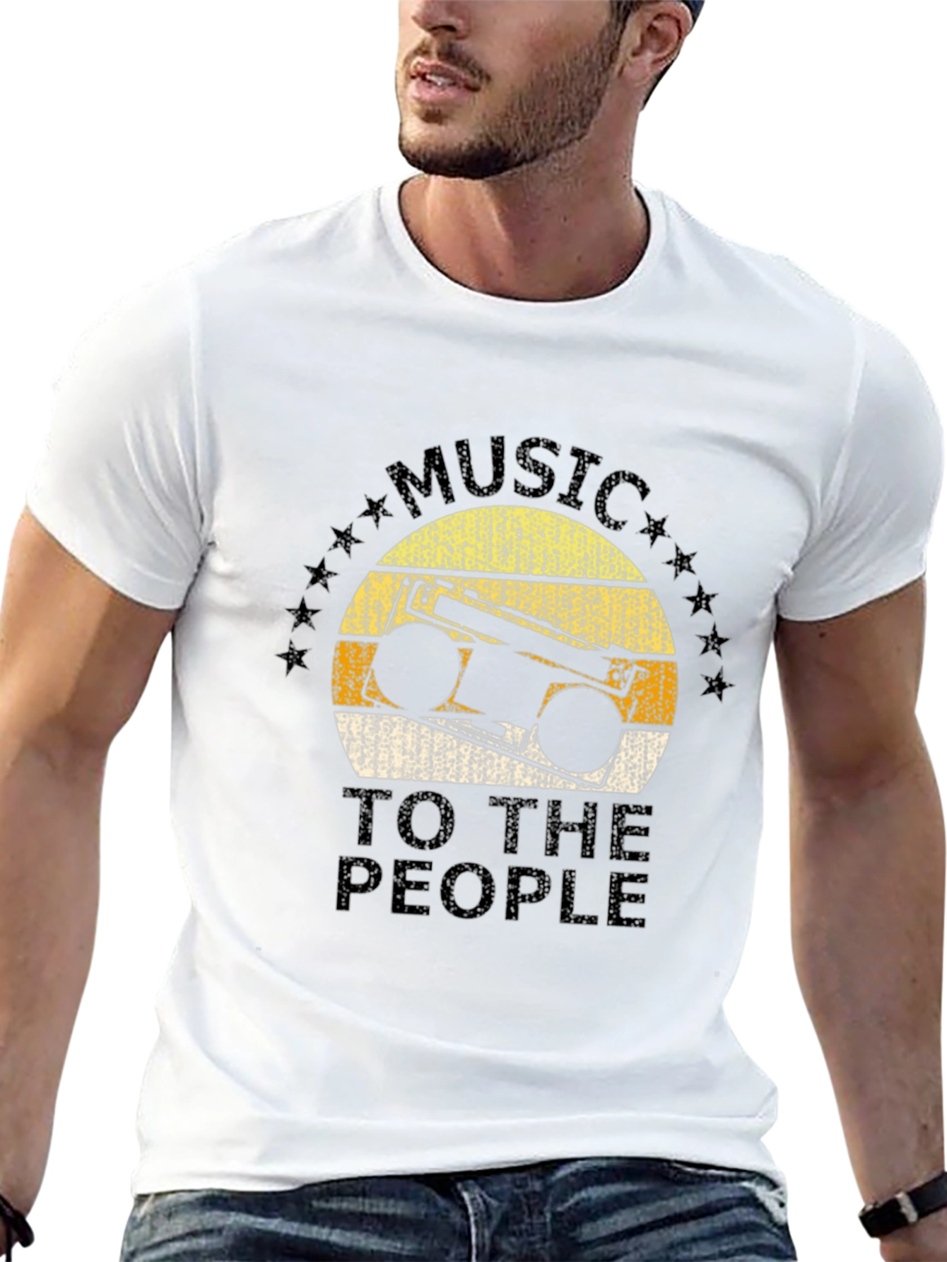 Black Retro Boombox Music to the People Black T-Shirt view 13
