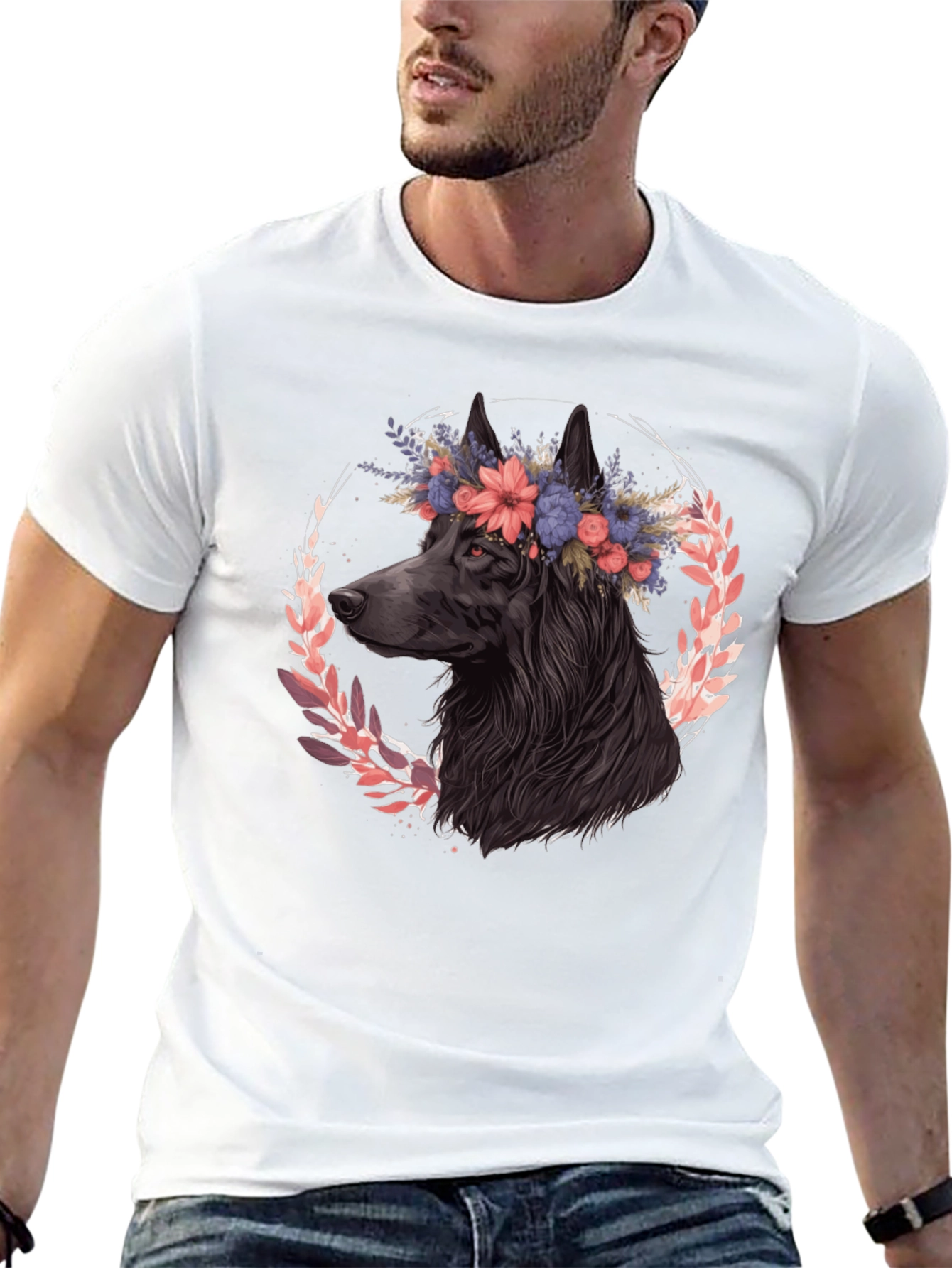 Black Floral Dog Graphic Tee - Black Cotton T-Shirt view 13