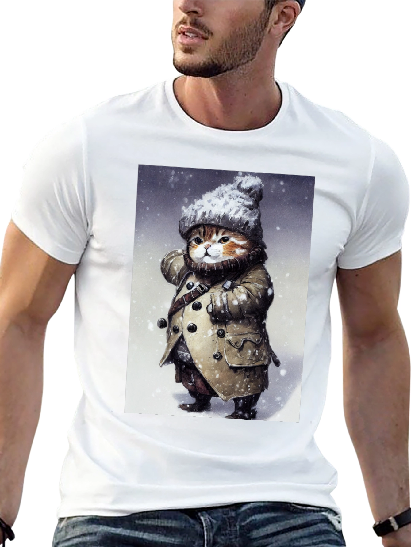 Black Winter Cat in Coat T-Shirt - Unique Graphic Tee view 13