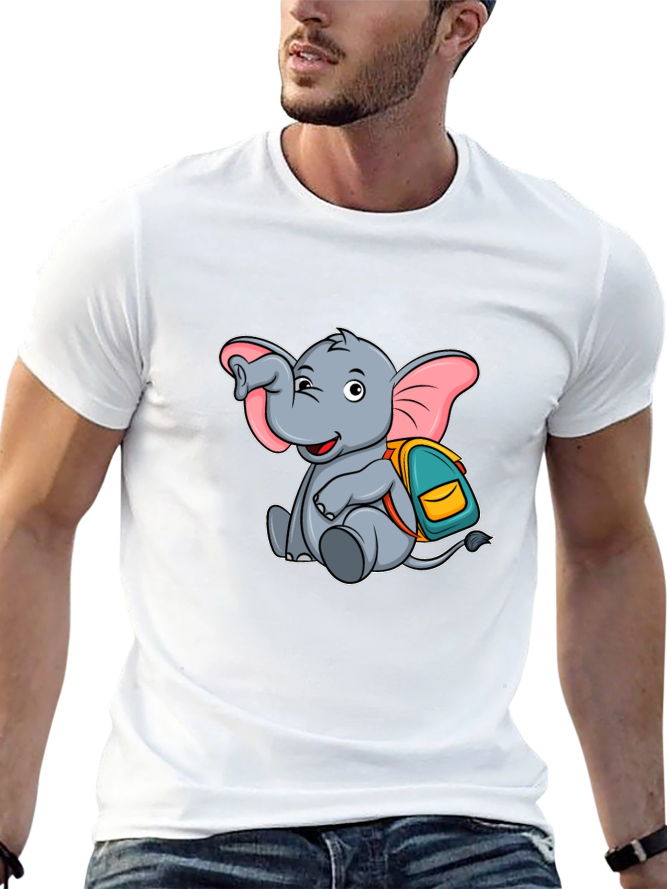 Black Cute Elephant with Backpack Black T-Shirt view 13