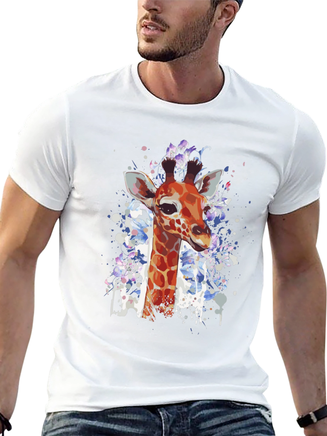 Black Giraffe Watercolor Graphic Tee - Casual Black T-Shirt view 13