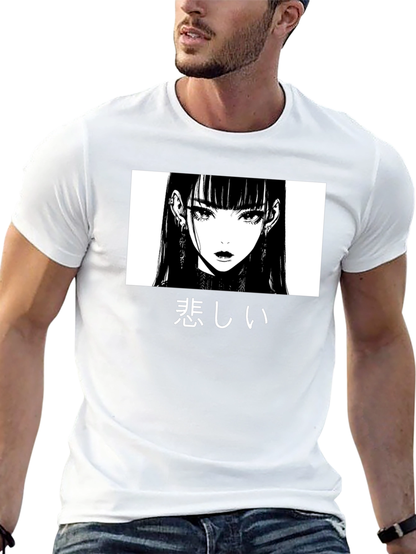 Black Sad Anime Girl Graphic T-Shirt view 13