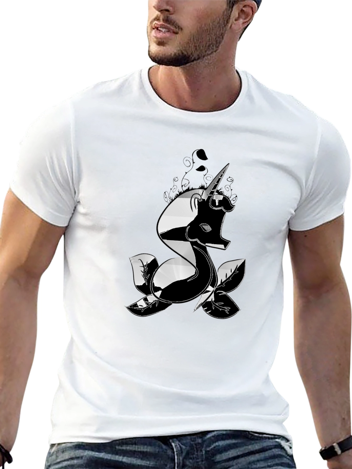 Black Men's Black T-Shirt with Unicorn Design view 13