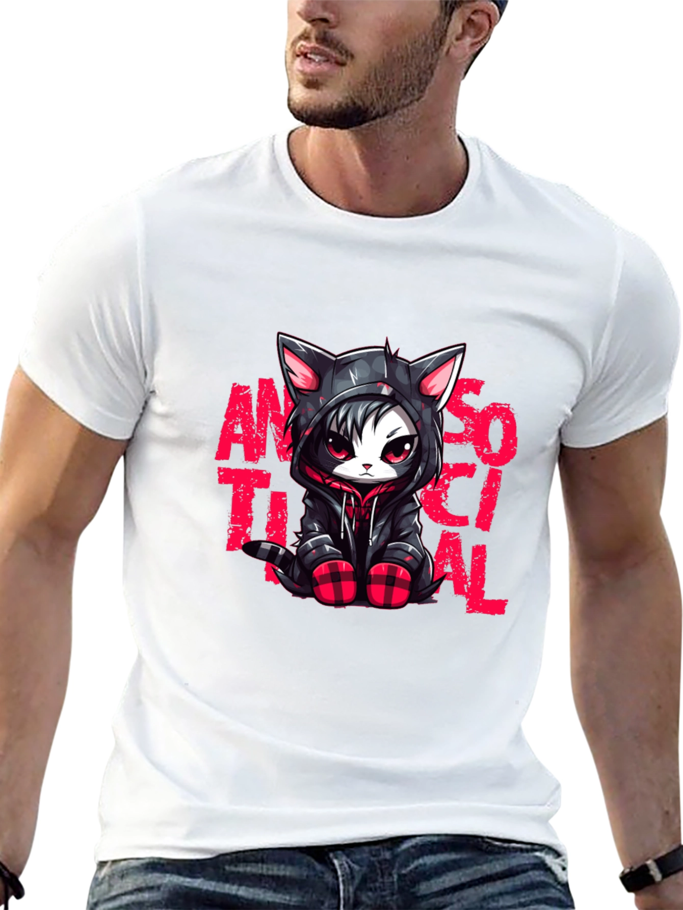 Black Antisocial Cat Graphic Black T-Shirt view 13