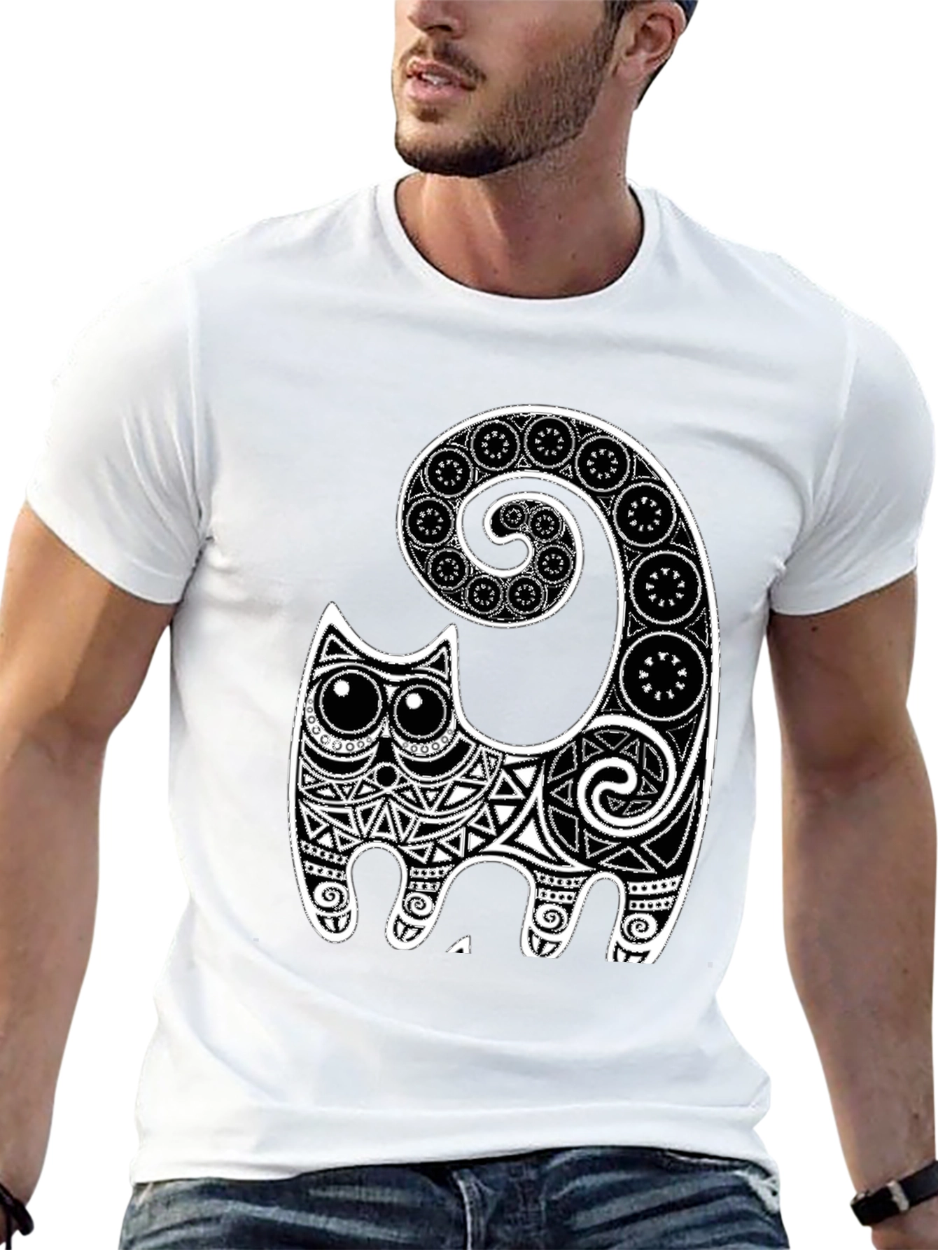 Black Tribal Cat Graphic Tee - Black view 13