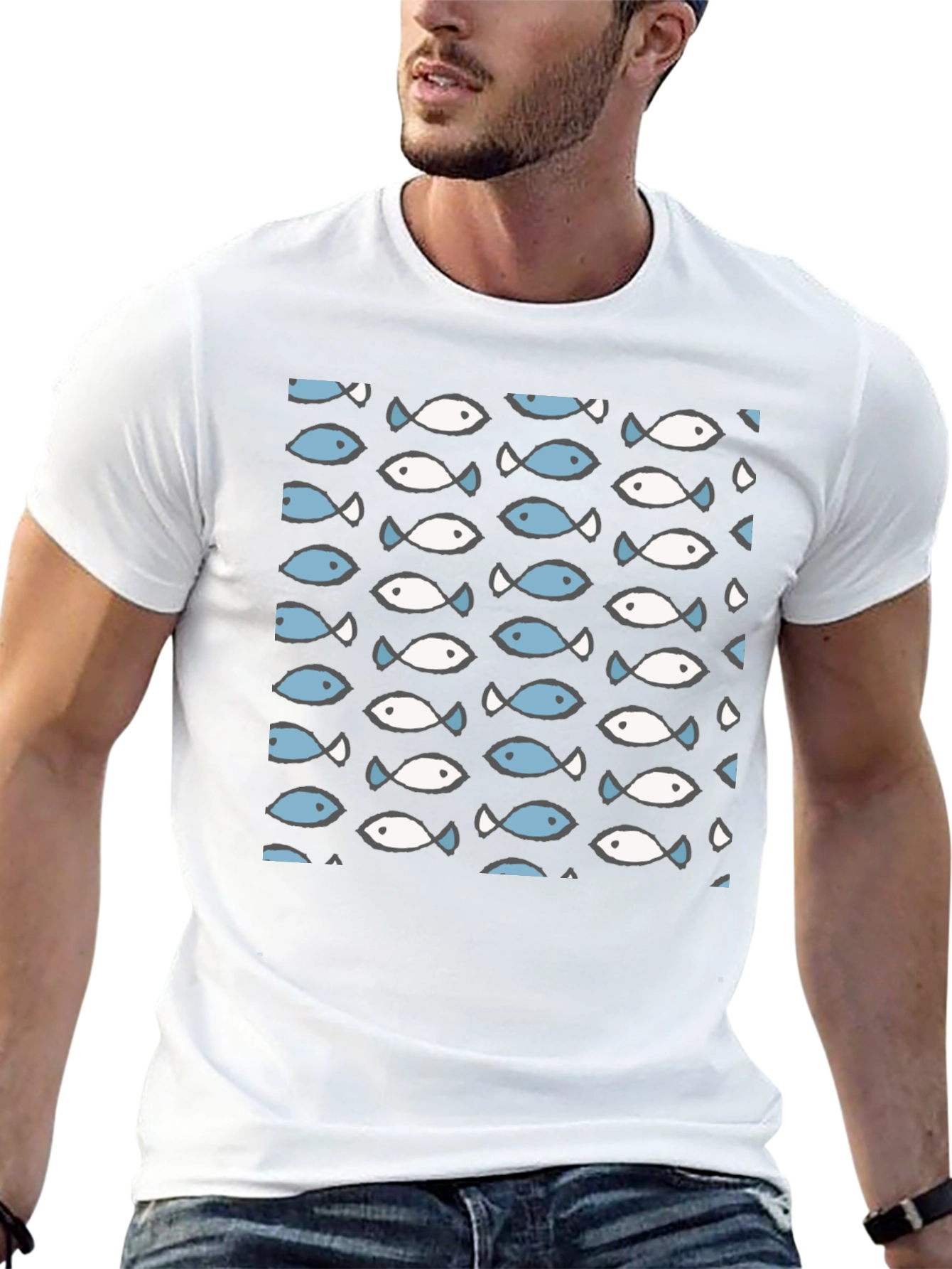 Black Fish Pattern T-Shirt - Crew Neck view 13
