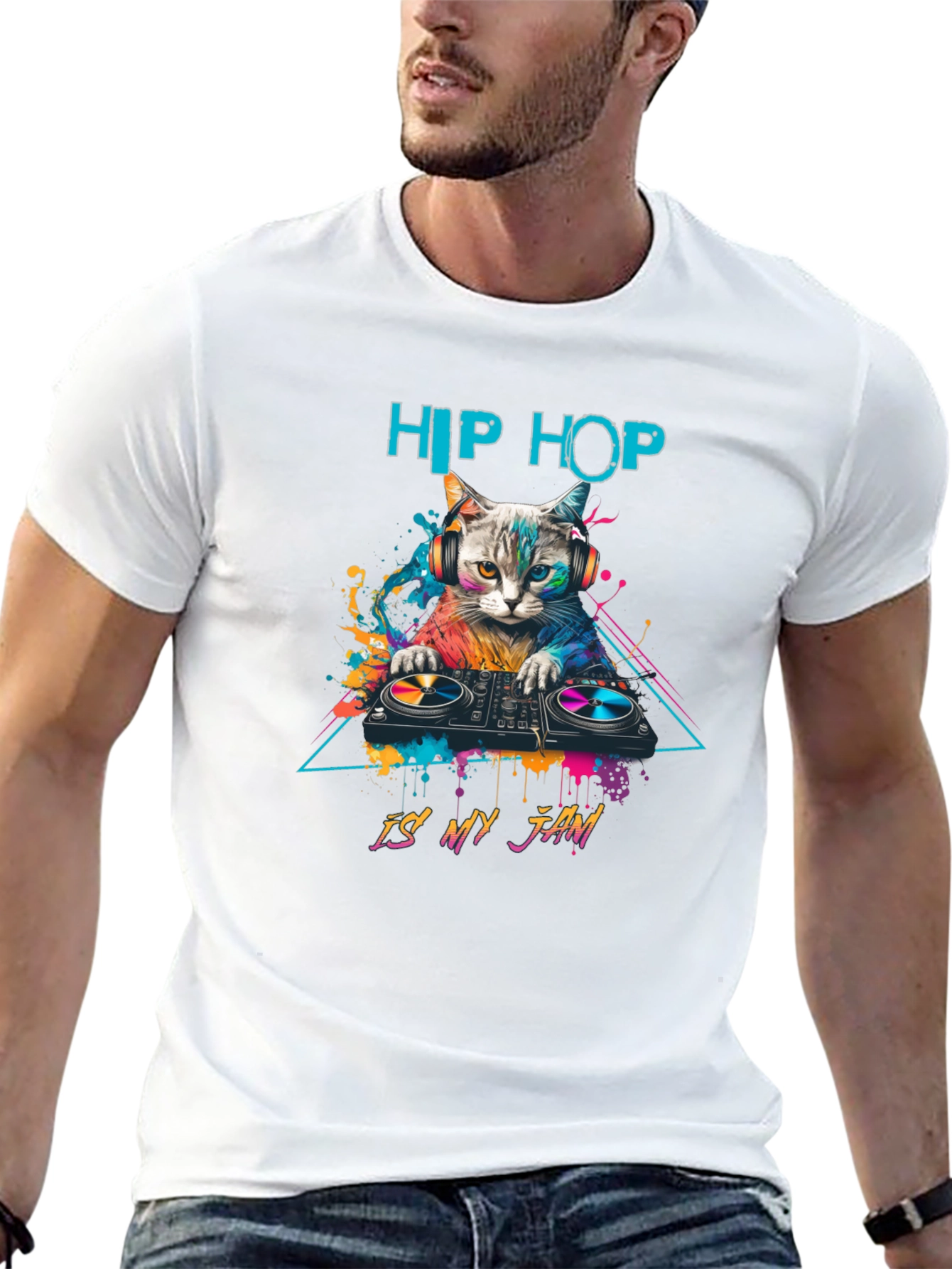 Black Hip Hop Cat DJ T-Shirt - Is My Jam view 13