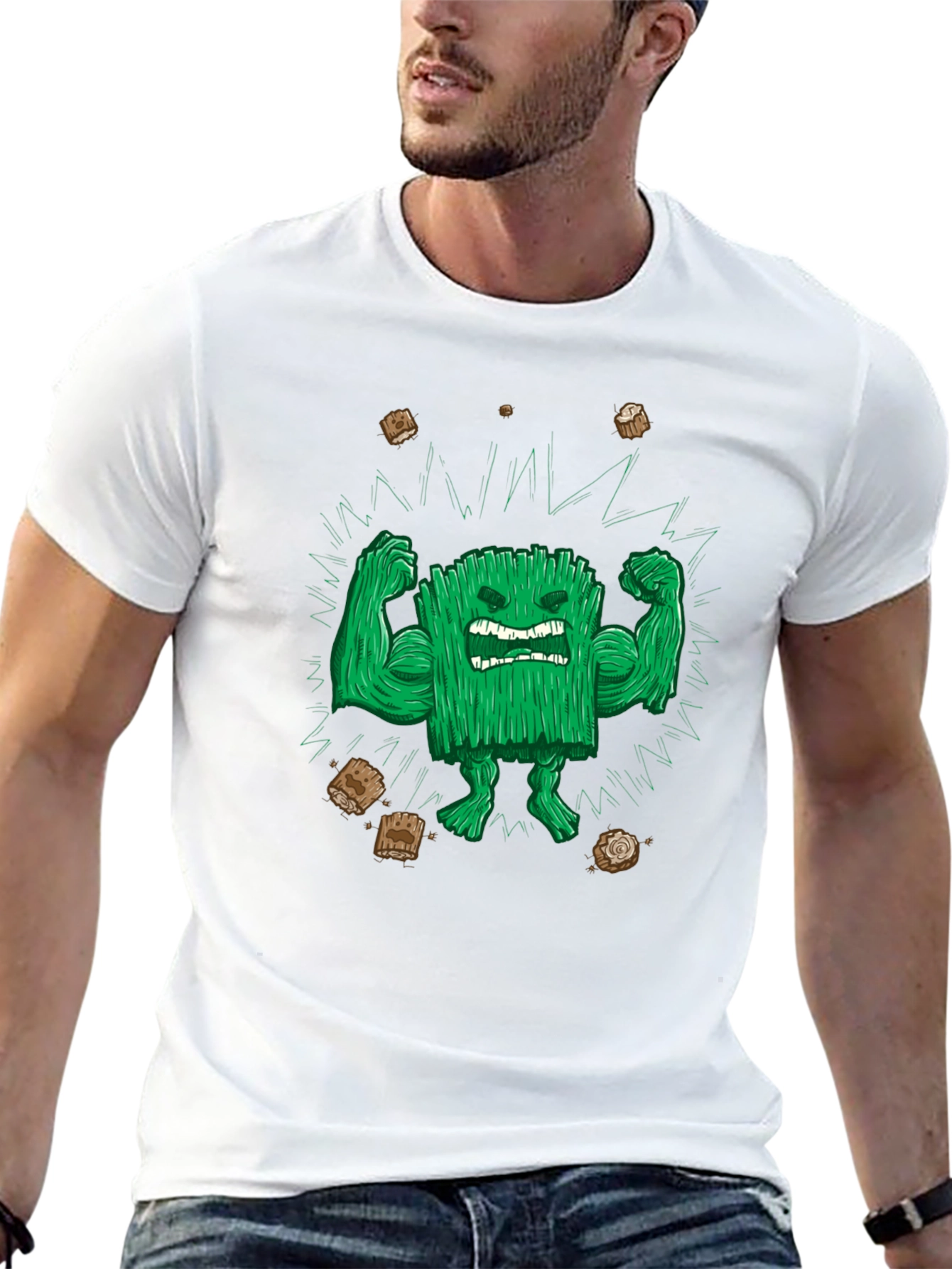 Black Funny Graphic T-Shirt: Grass Character Flexing view 13
