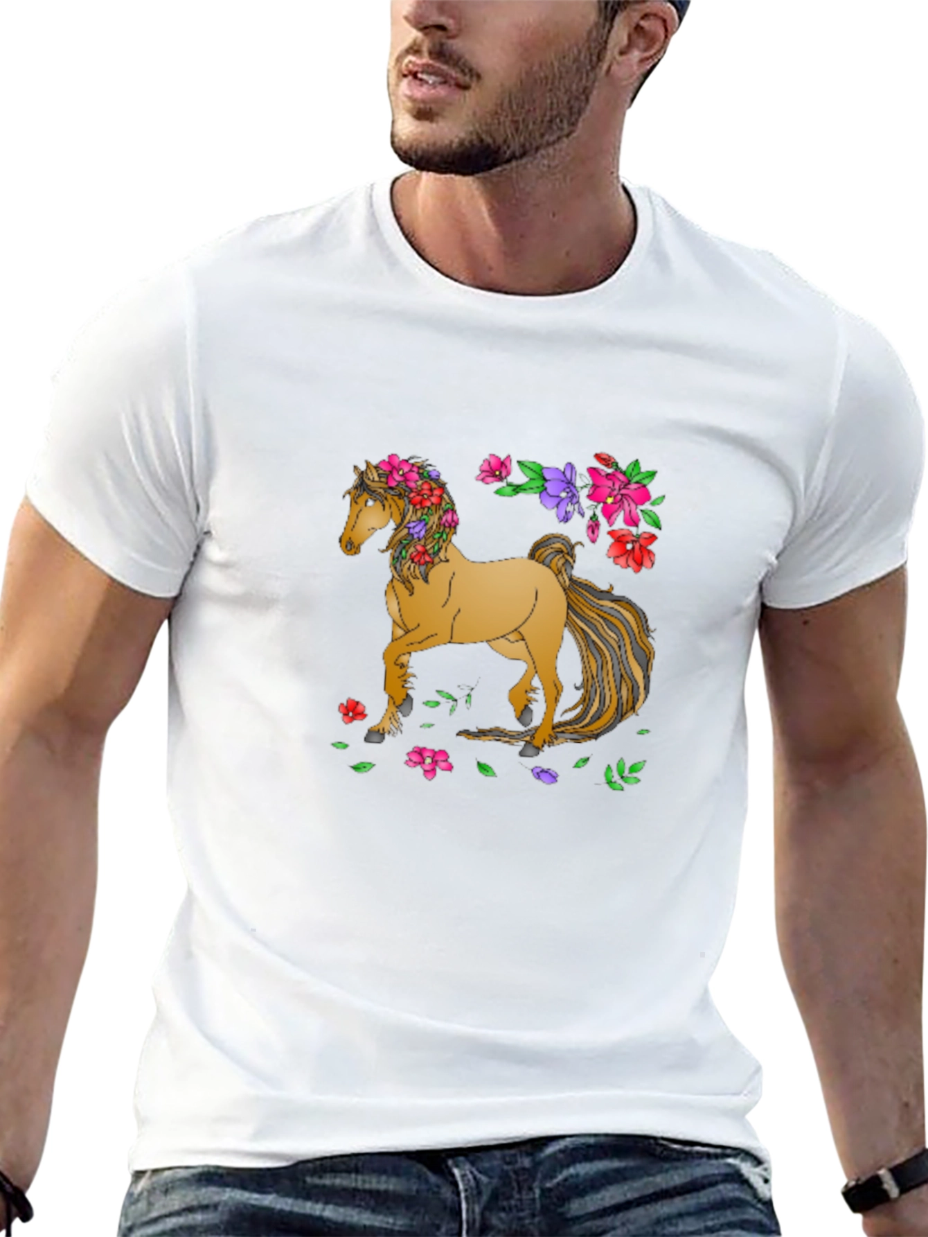 Black Floral Horse T-Shirt - Artistic Graphic Tee view 13