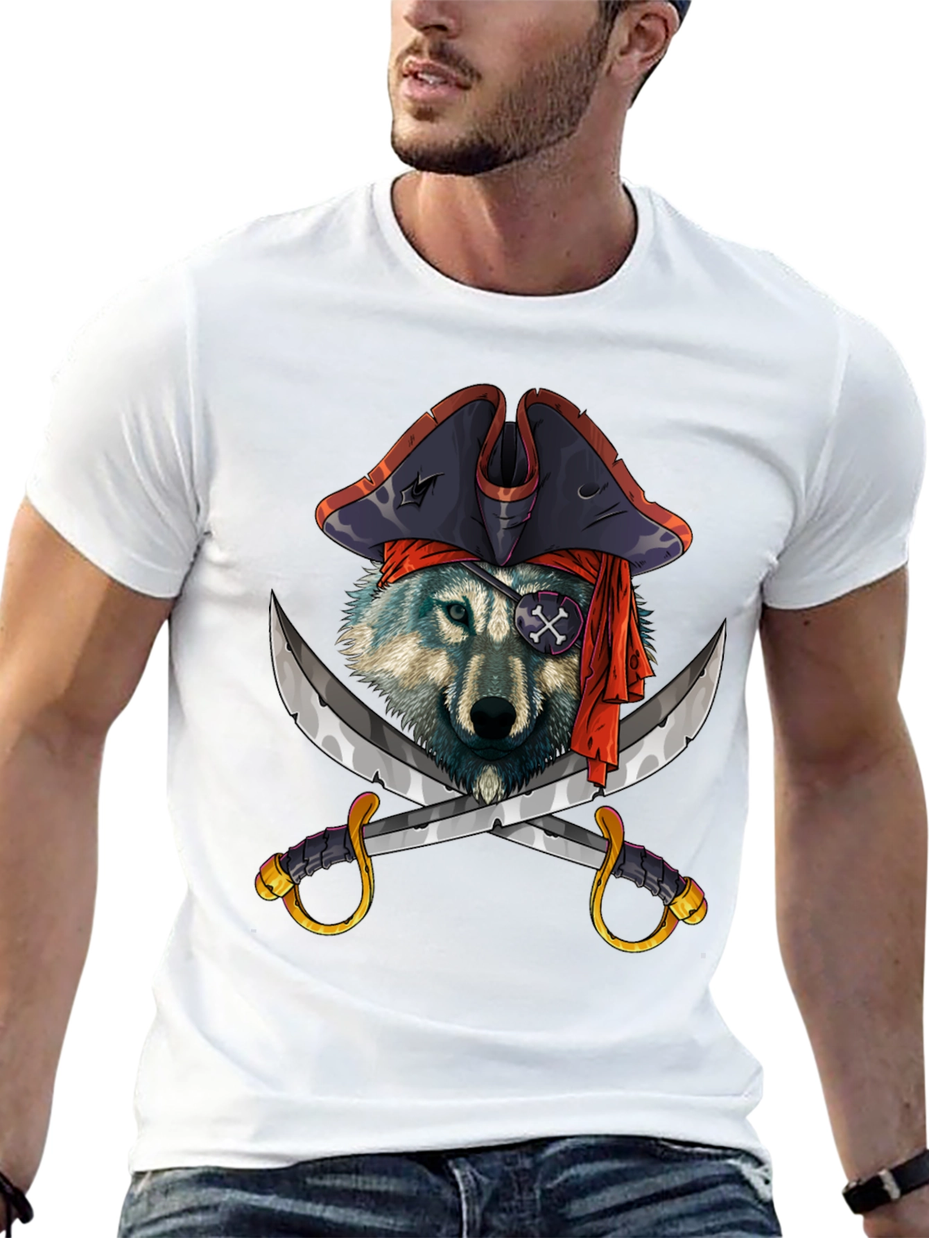 Black Pirate Wolf Graphic T-Shirt - Black Cotton Tee view 13