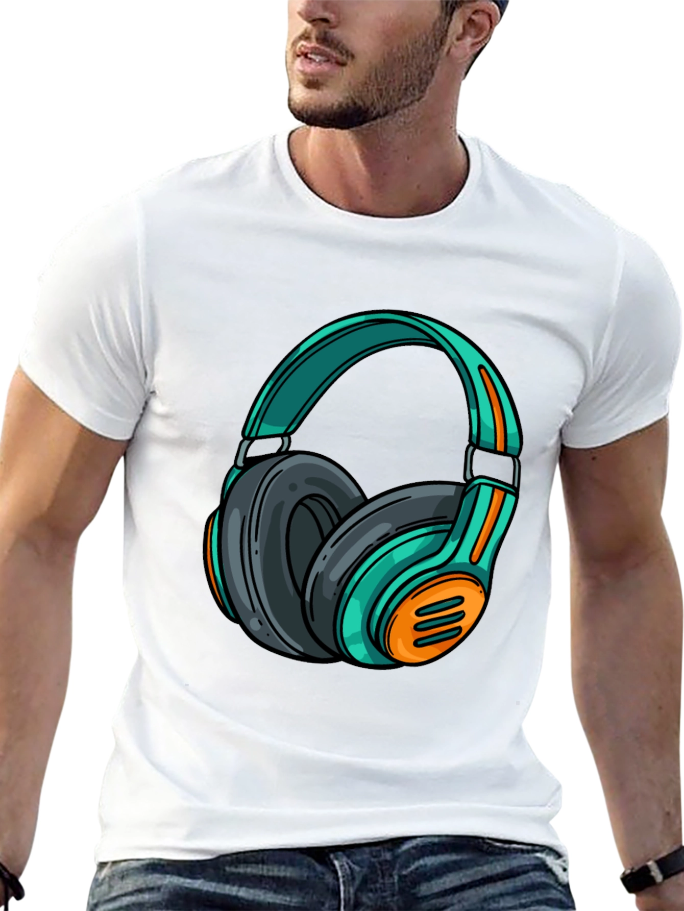 Black Stylish Black T-Shirt with Cool Headphone Graphic view 13
