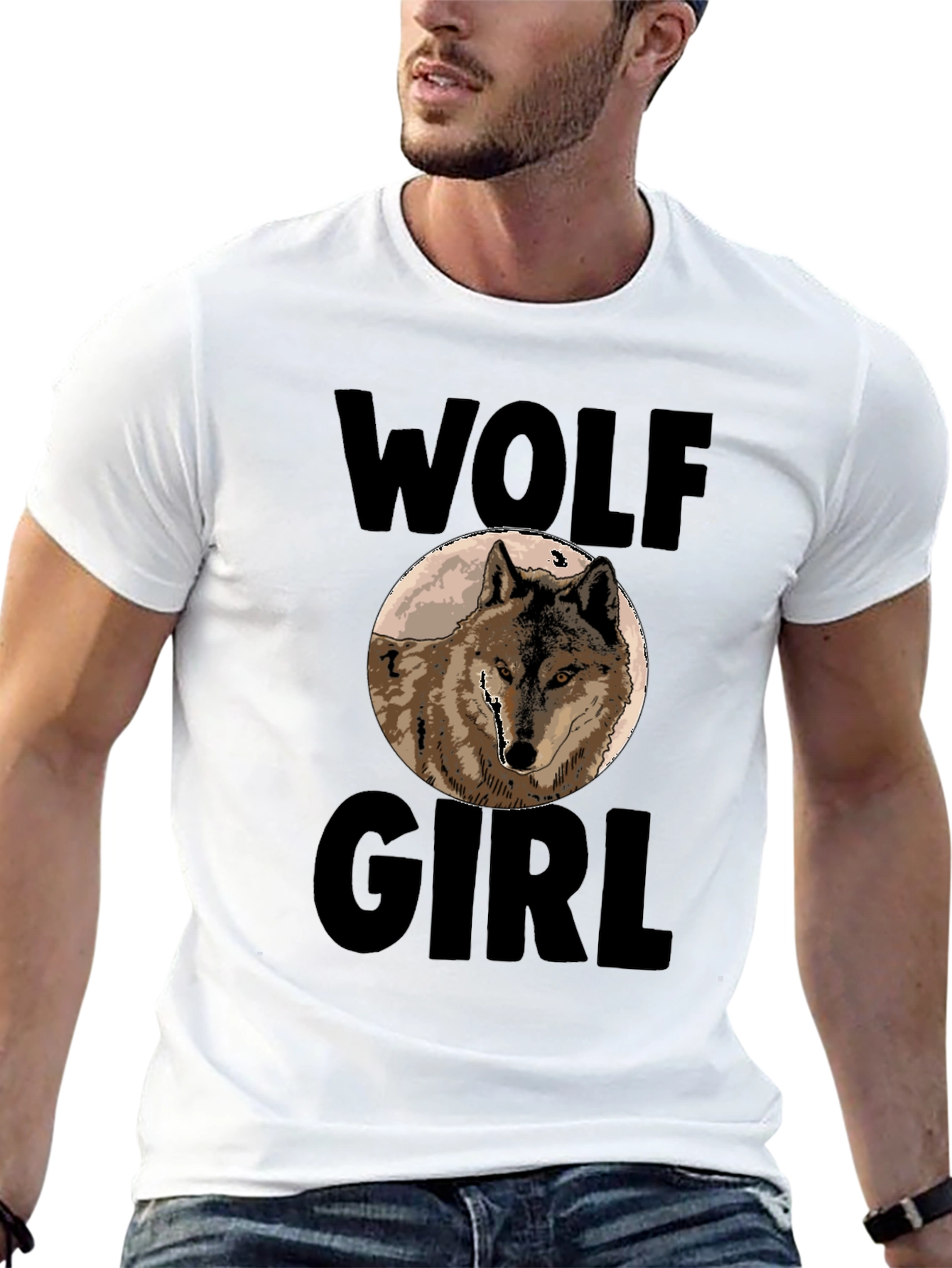 Black Wolf Girl Graphic Print T-Shirt - Black view 13
