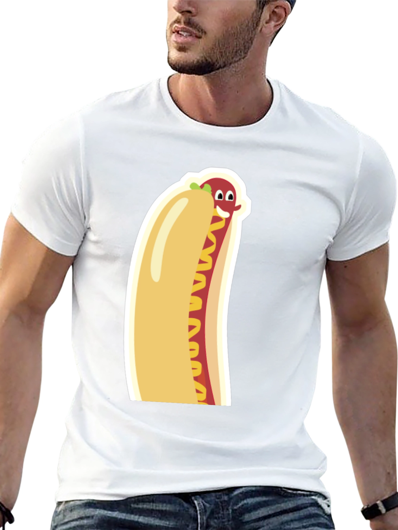 Black Funny Cartoon Hot Dog Graphic Tee - Unisex Black T-Shirt view 13