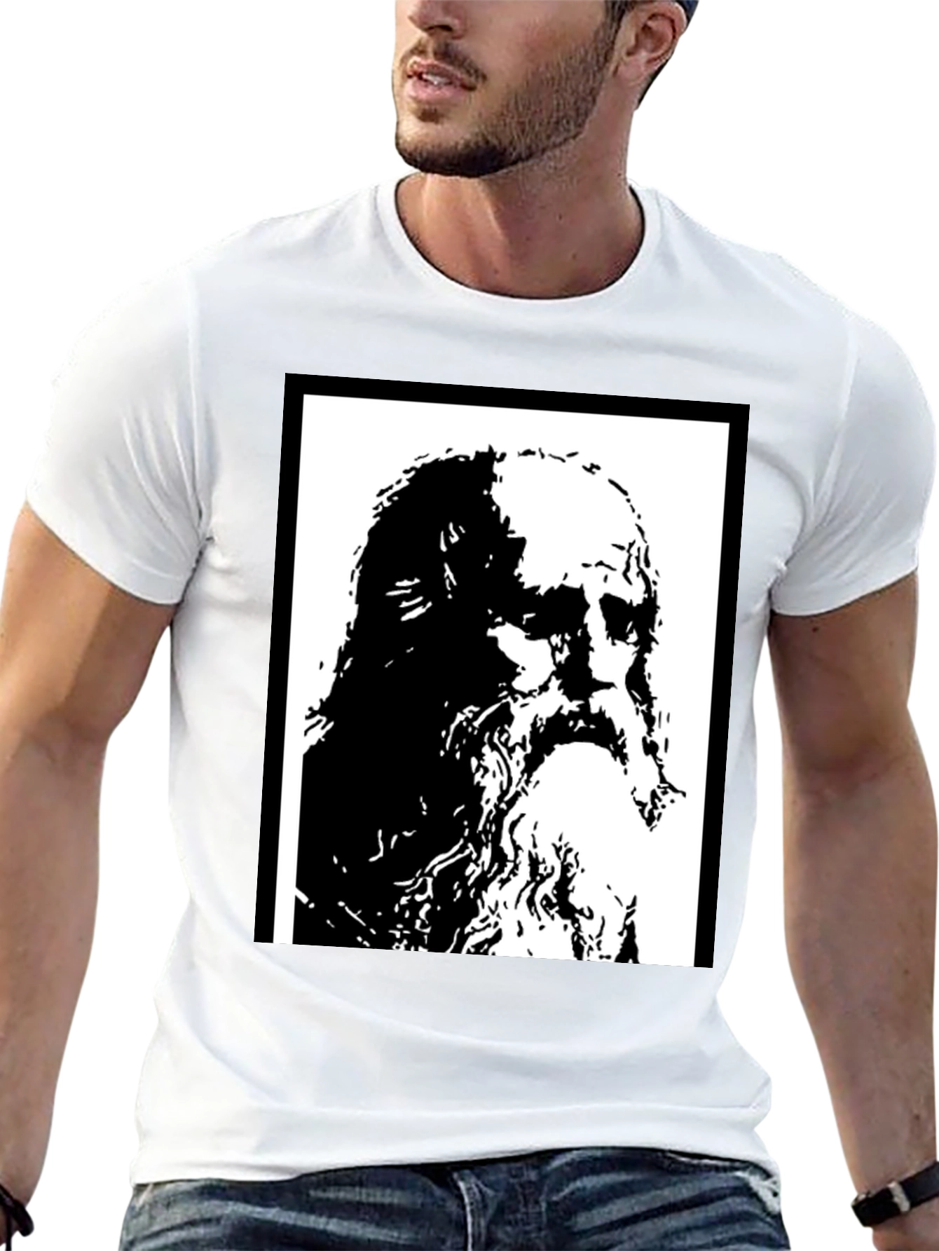 Black Black T-Shirt with Artistic Portrait Print view 13