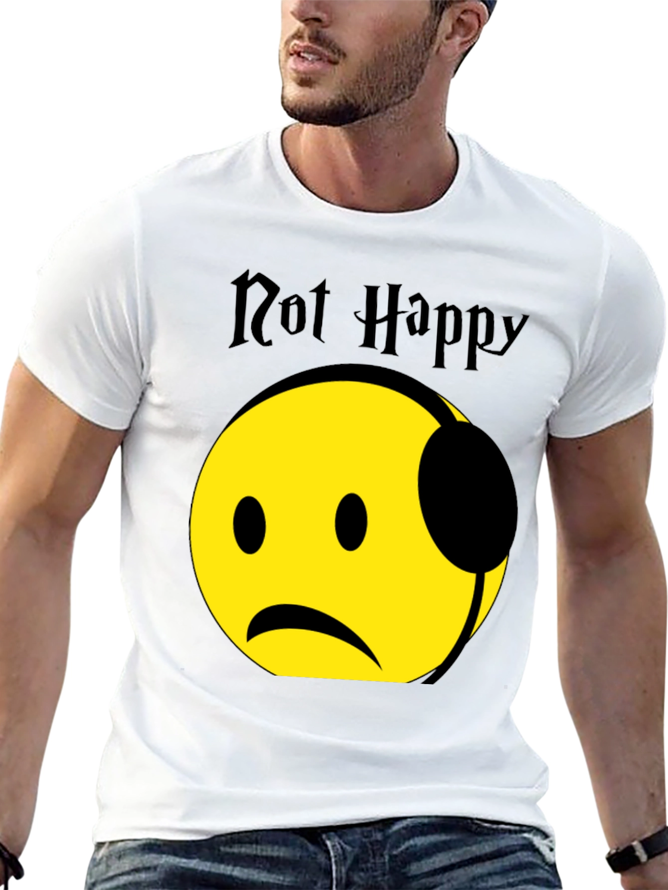 Black Not Happy Emoji Graphic T-Shirt - Trendy Casual Wear view 13