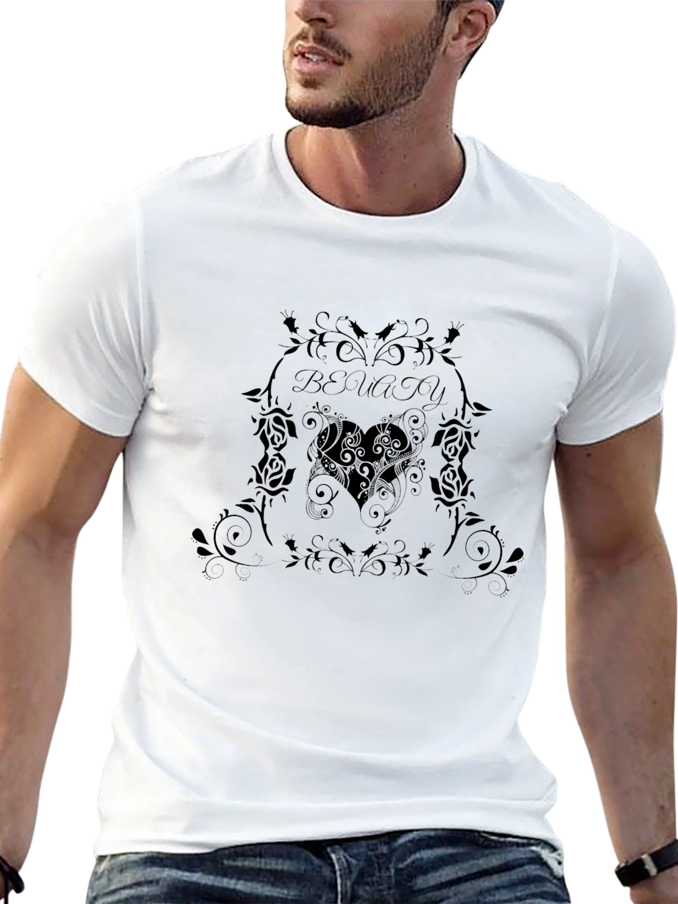 Black Men's Black Graphic Tee - Beauty Heart Design view 13