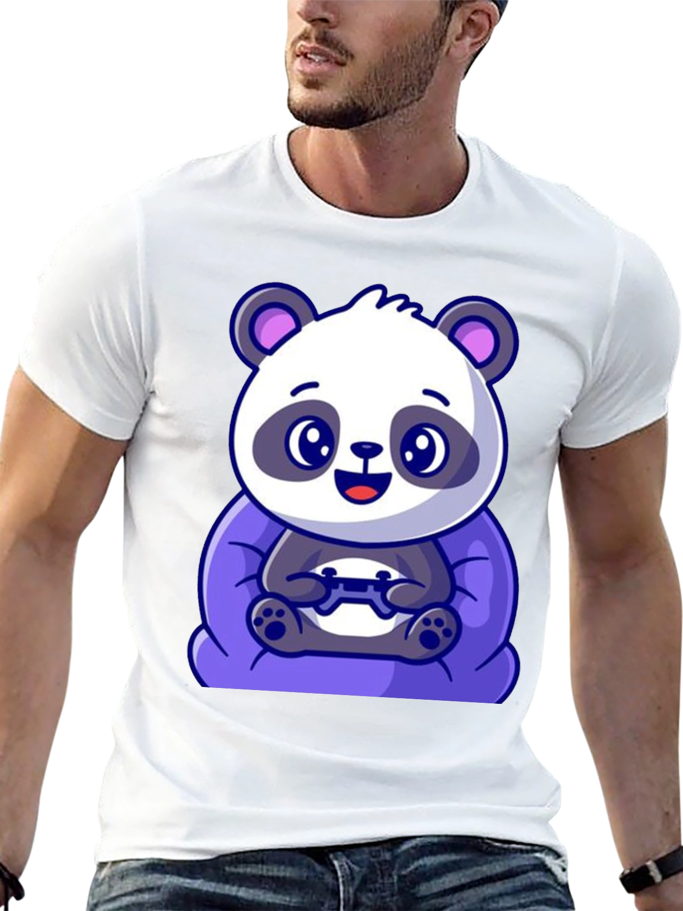 Black Cute Gamer Panda T-Shirt - Black Cotton Tee view 13