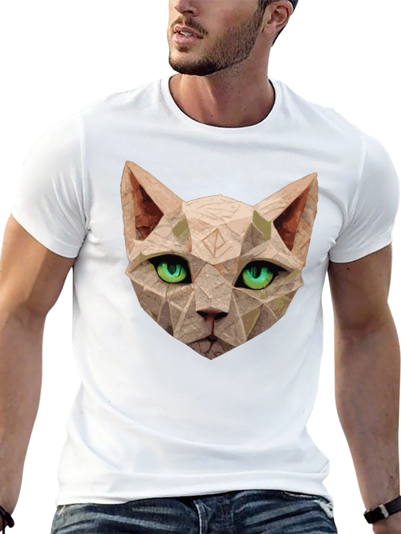 Black Geometric Cat T-Shirt - Unique Art Tee view 13