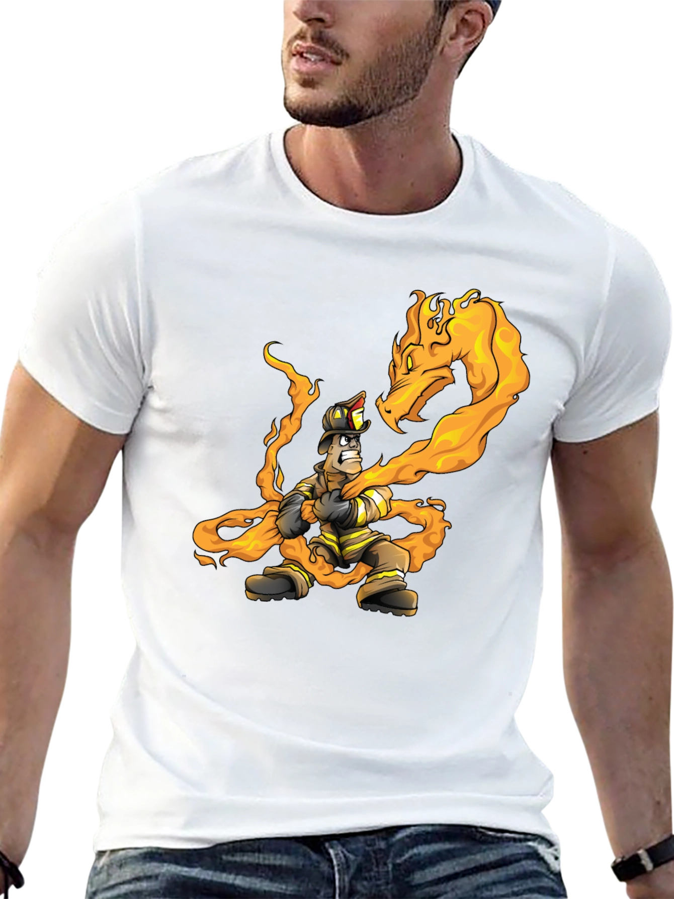 Black Firefighter vs Dragon Graphic T-Shirt - Cool Design view 13