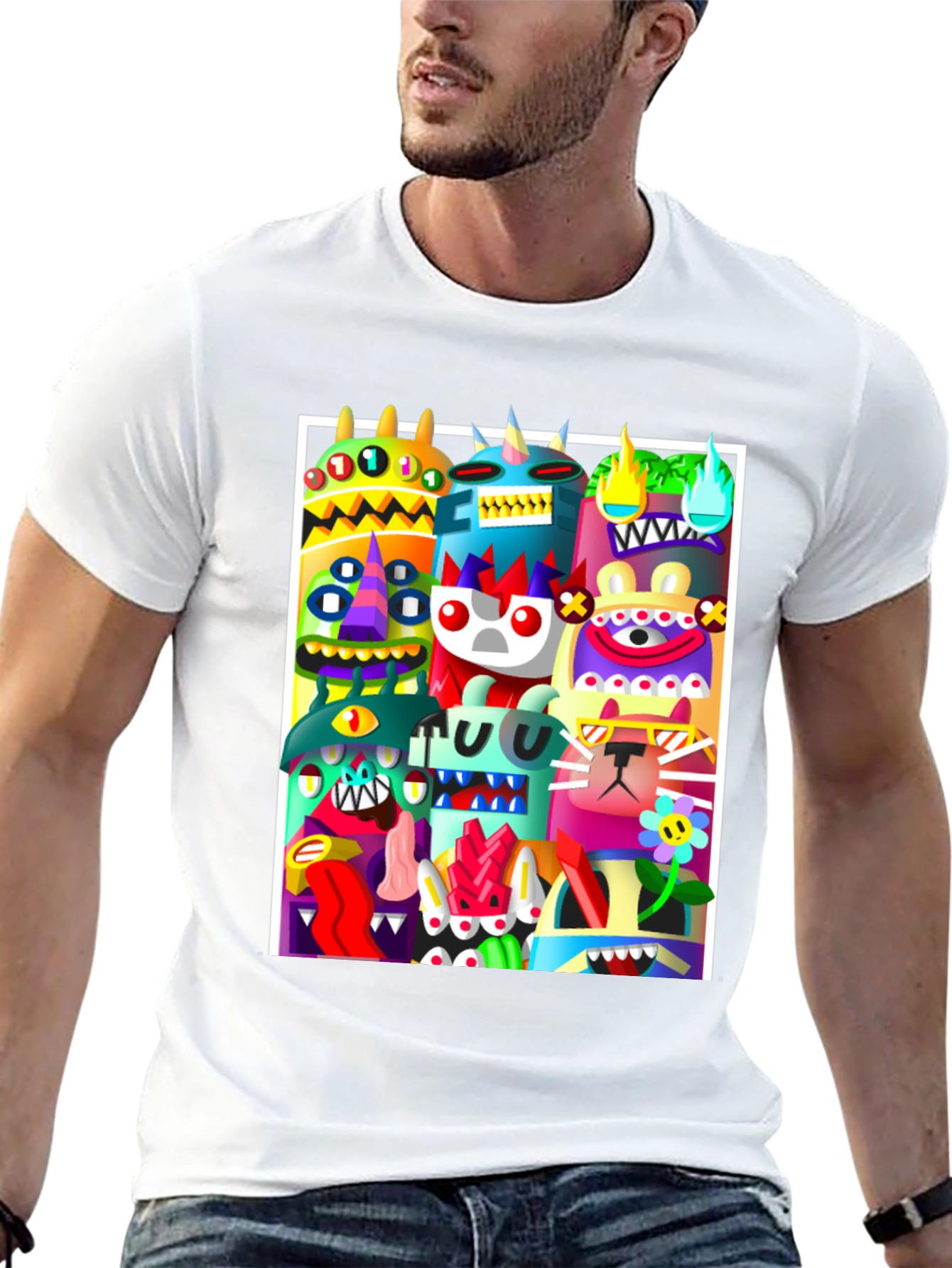 Black Colorful Cartoon Monster Graphic Print Black T-Shirt view 13