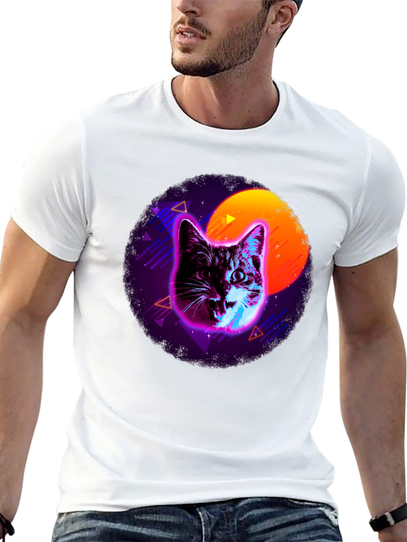 Black Retro Cat T-Shirt - Vaporwave Style view 13