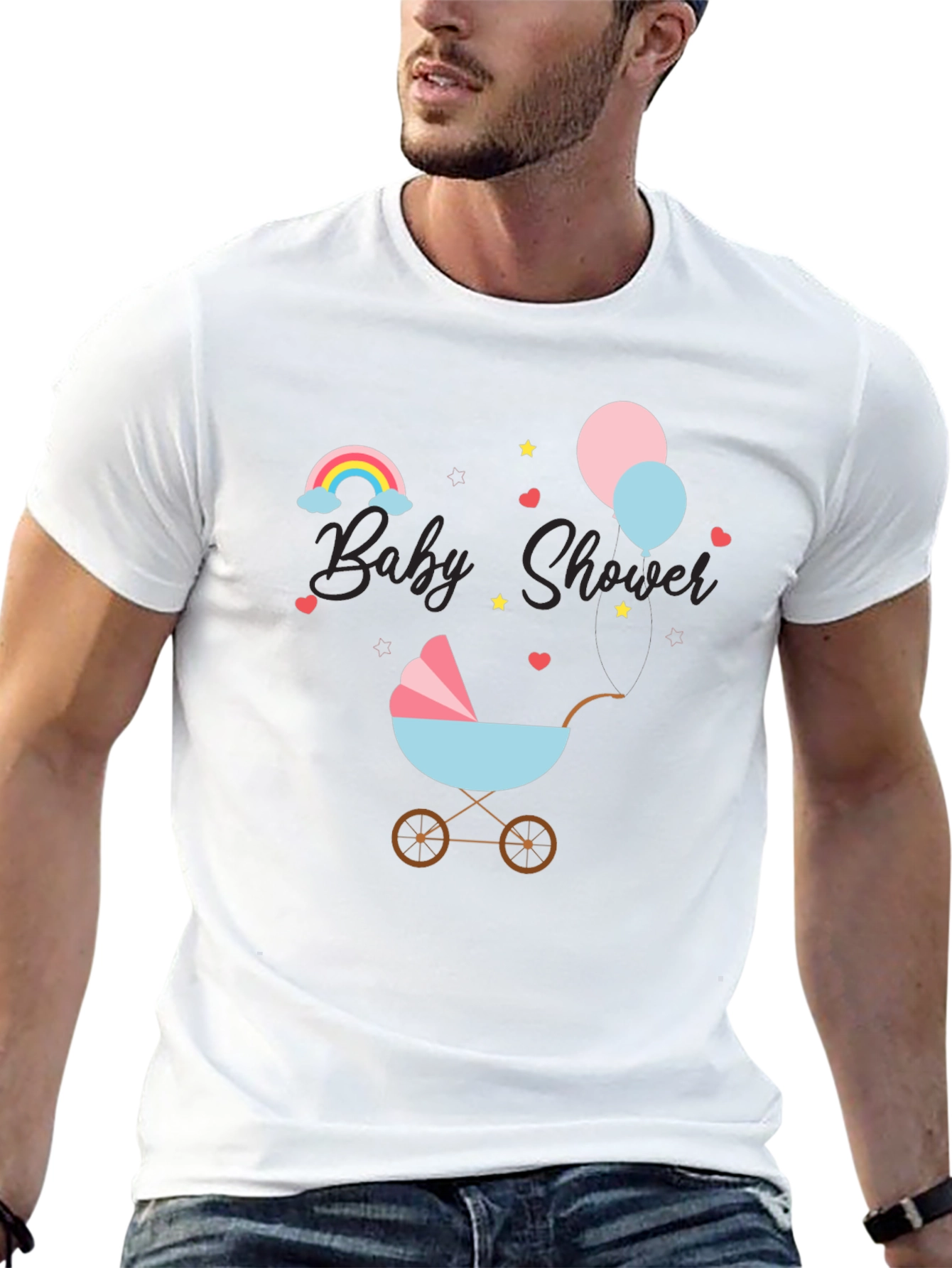 Black Baby Shower T-Shirt with Rainbow & Stroller Design view 13