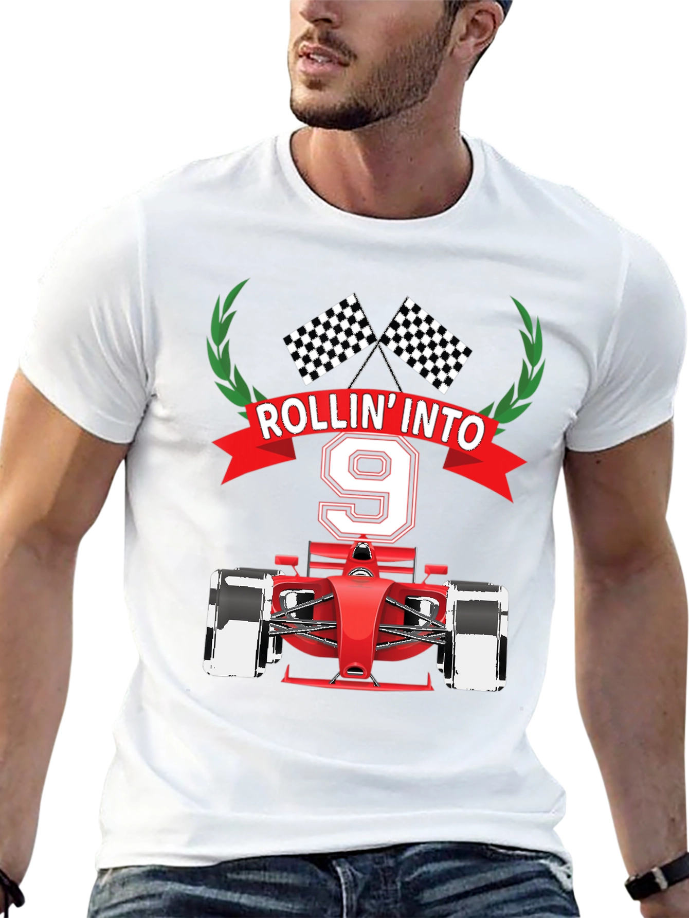 Black Rollin' Into 9 T-Shirt, Race Car Birthday Tee view 13