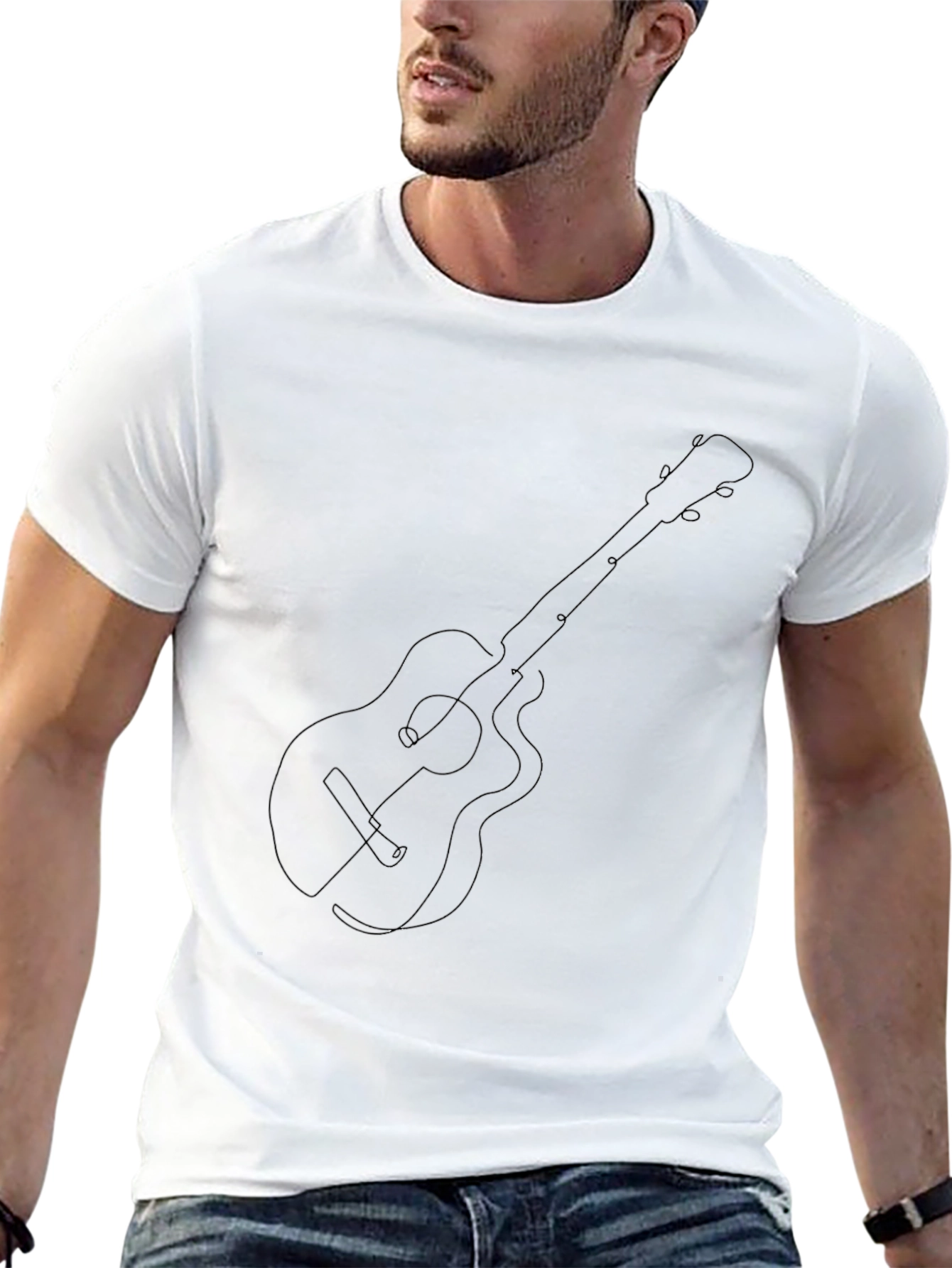 Black Guitar Line Art Graphic Tee - Black Cotton Blend view 13