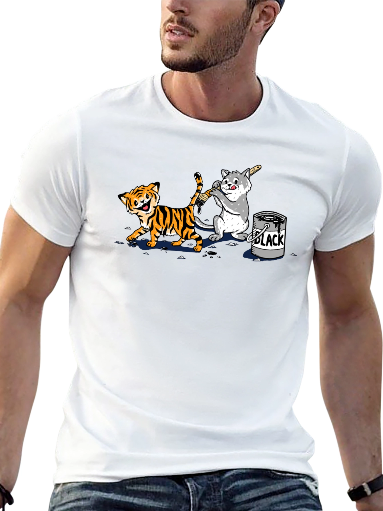 Black Funny Cartoon Cat and Tiger Black T-Shirt view 13
