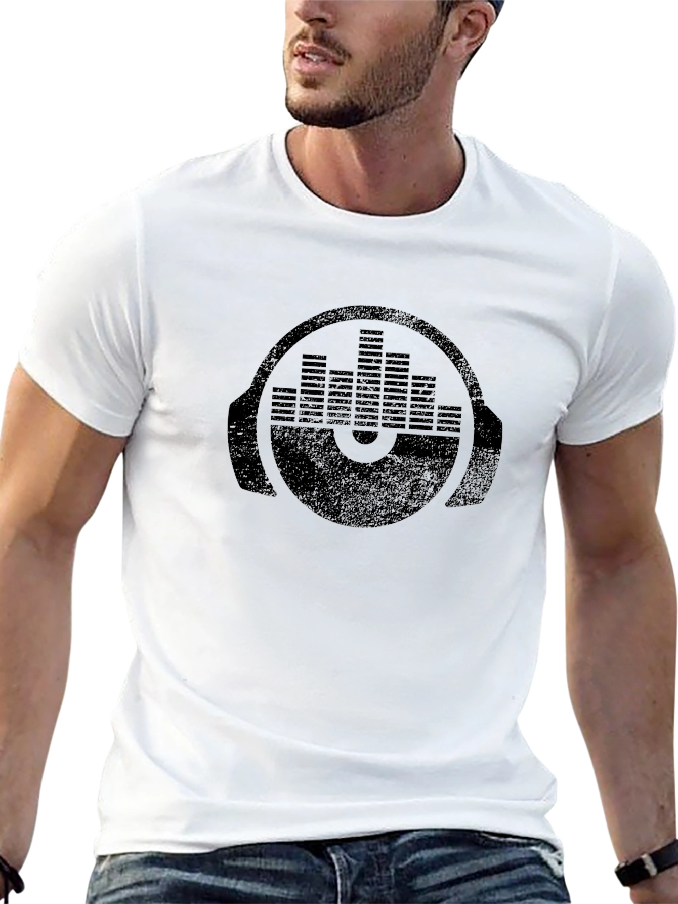 Black DJ Headphone Equalizer Graphic Tee - Black Cotton T-Shirt view 13